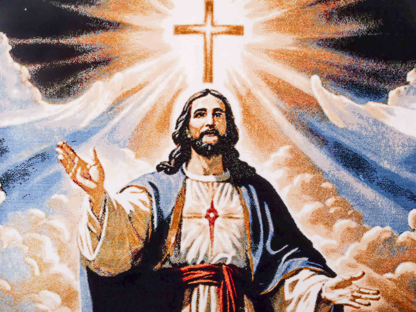 Ghom Maschinenteppich "Jesus Christus" 90 x 60 cm aus pflanzlicher Seide (Viskose). Wandteppich mit Bildmotiv, Mehrfarbig. Teppichnummer: V33MC054H. Persian Luxury Collection by Khademi. Made in Iran / Persia – Vertrieb durch JUPITER Intl.