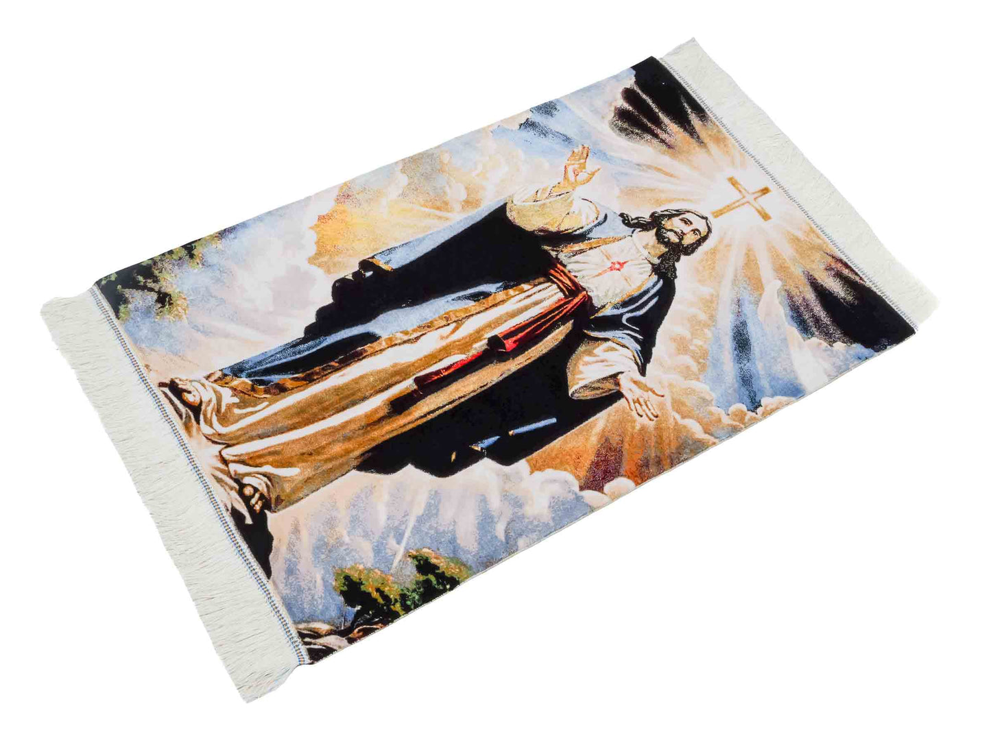 Ghom Maschinenteppich "Jesus Christus" 90 x 60 cm aus pflanzlicher Seide (Viskose). Wandteppich mit Bildmotiv, Mehrfarbig. Teppichnummer: V33MC054H. Persian Luxury Collection by Khademi. Made in Iran / Persia – Vertrieb durch JUPITER Intl.