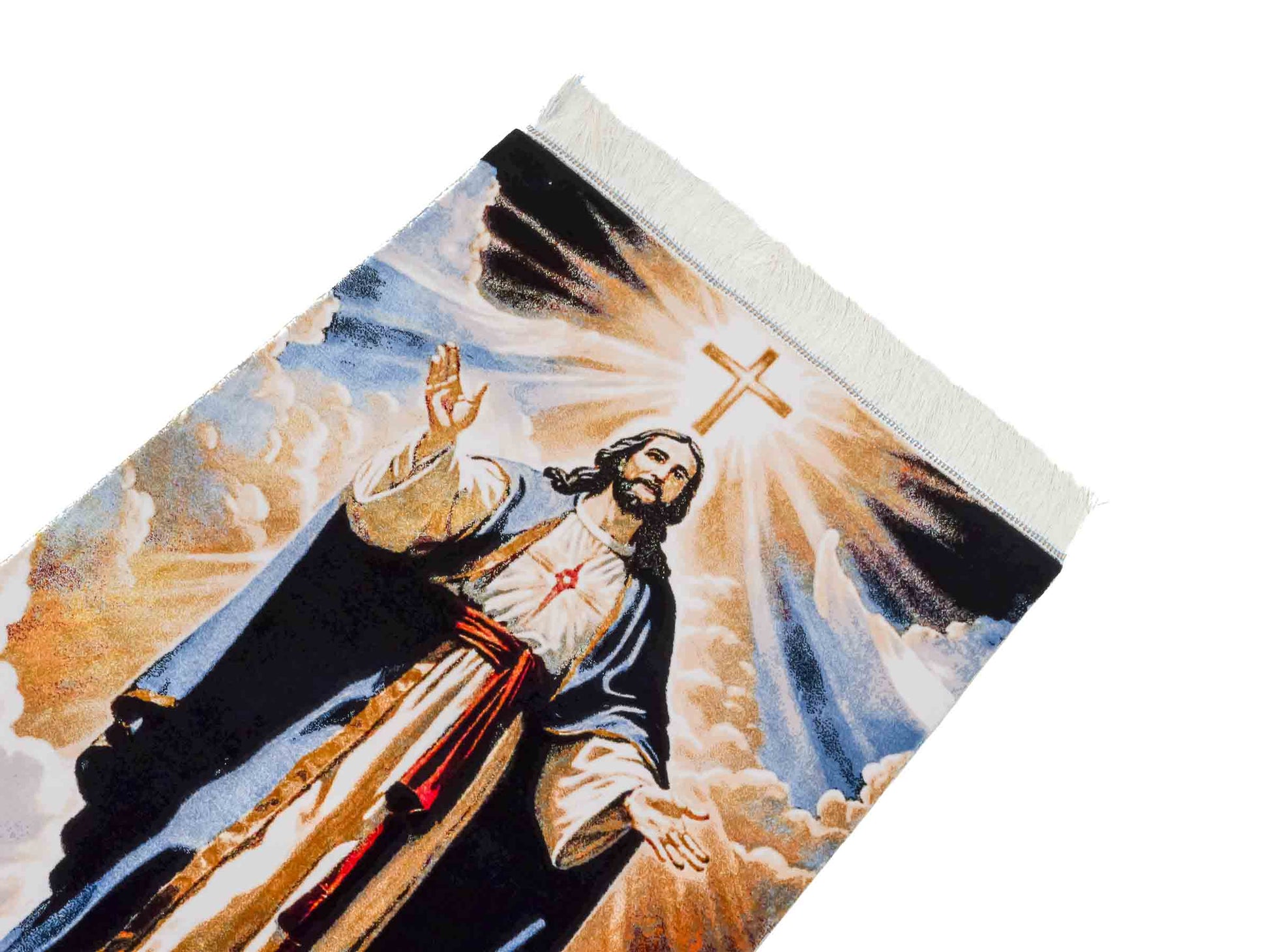 Ghom Maschinenteppich "Jesus Christus" 90 x 60 cm aus pflanzlicher Seide (Viskose). Wandteppich mit Bildmotiv, Mehrfarbig. Teppichnummer: V33MC054H. Persian Luxury Collection by Khademi. Made in Iran / Persia – Vertrieb durch JUPITER Intl.