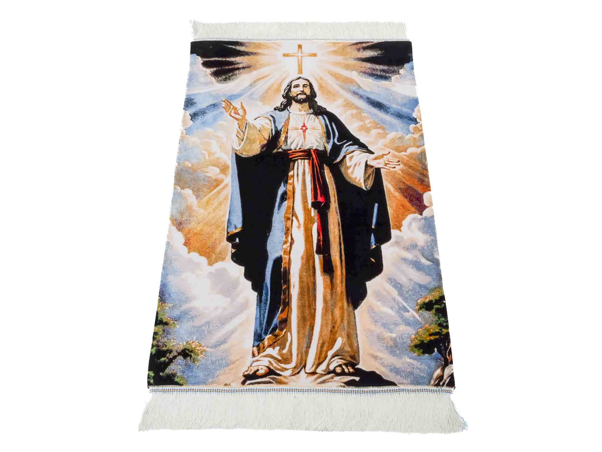 Ghom Maschinenteppich "Jesus Christus" 90 x 60 cm aus pflanzlicher Seide (Viskose). Wandteppich mit Bildmotiv, Mehrfarbig. Teppichnummer: V33MC054H. Persian Luxury Collection by Khademi. Made in Iran / Persia – Vertrieb durch JUPITER Intl.