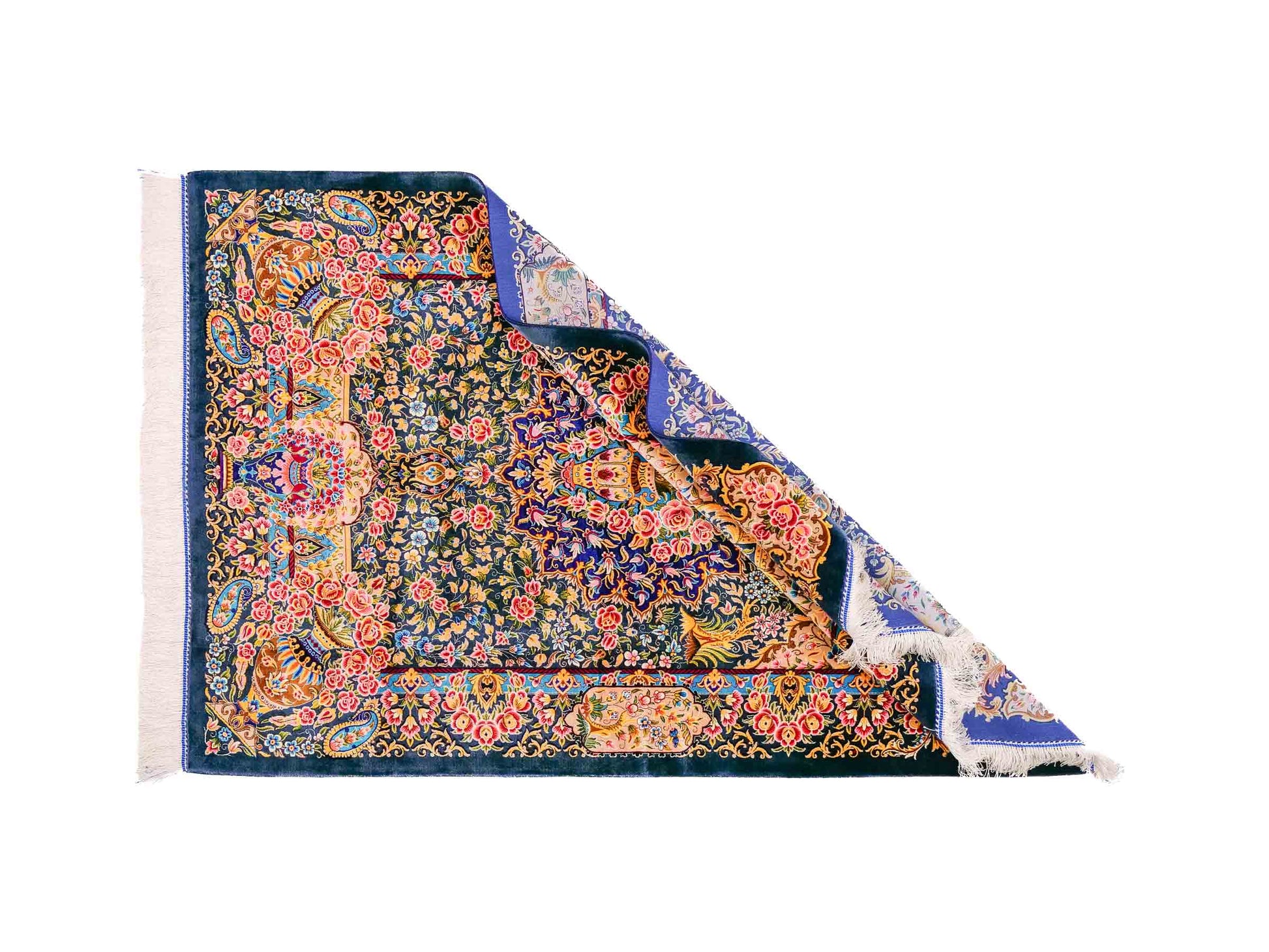 Ghom Maschinenteppich "Kaveh" 150 x 100 cm aus pflanzlicher Seide (Viskose) mit floralem Bildmotiv, Blau und Grün. Teppichnummer: V49TB150H Persian Luxury Collection by Khademi. Made in Iran / Persia – Vertrieb durch JUPITER Intl.