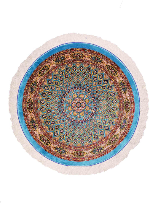 Runder Ghom Maschinenteppich "Kavus" 100 x 100 cm aus pflanzlicher Seide (Viskose) mit Gumbad-Medaillon, Hellblau. Teppichnummer: V50TQ100H. Persian Luxury Collection by Khademi. Made in Iran / Persia – Vertrieb durch JUPITER Intl.