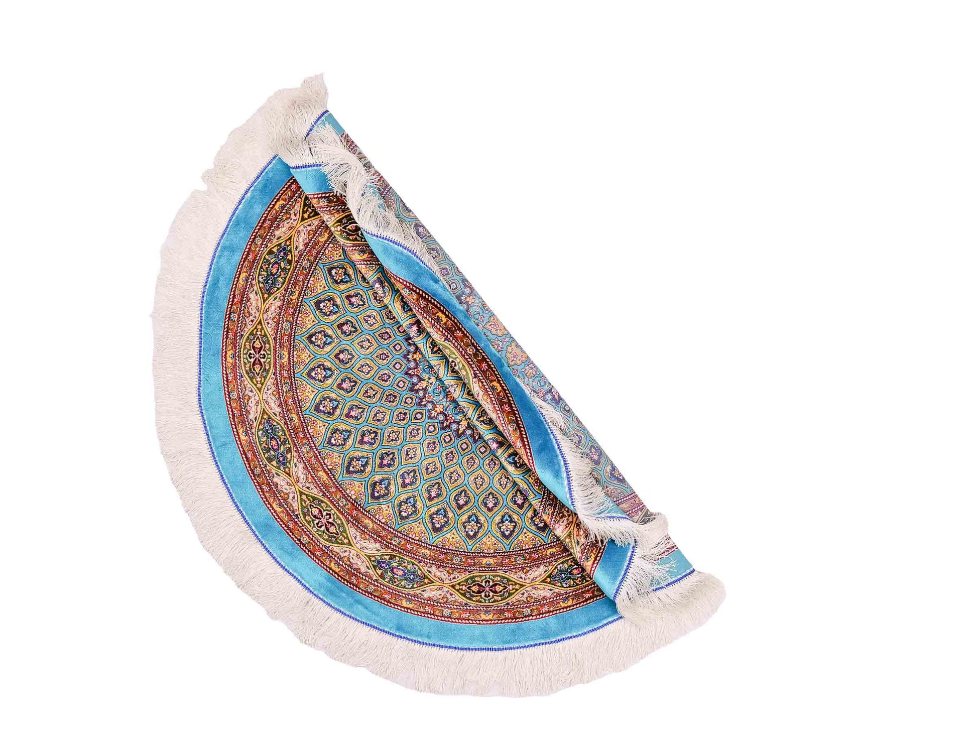 Runder Ghom Maschinenteppich "Kavus" 100 x 100 cm aus pflanzlicher Seide (Viskose) mit Gumbad-Medaillon, Hellblau. Teppichnummer: V50TQ100H. Persian Luxury Collection by Khademi. Made in Iran / Persia – Vertrieb durch JUPITER Intl.