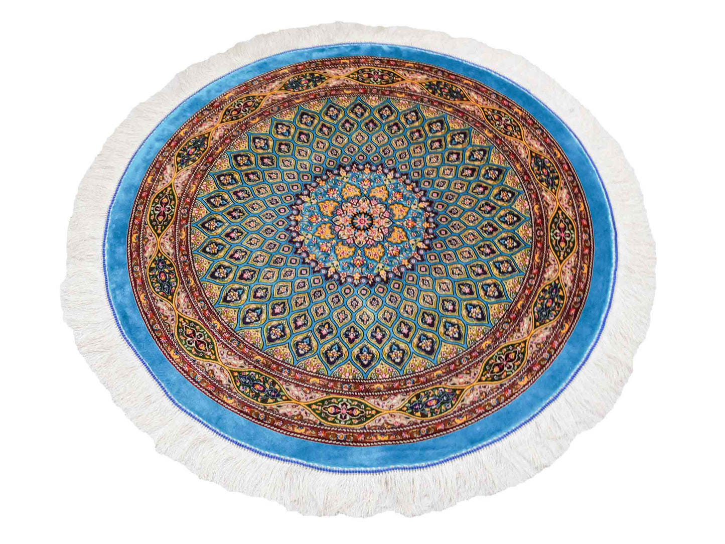 Runder Ghom Maschinenteppich "Kavus" 100 x 100 cm aus pflanzlicher Seide (Viskose) mit Gumbad-Medaillon, Hellblau. Teppichnummer: V50TQ100H. Persian Luxury Collection by Khademi. Made in Iran / Persia – Vertrieb durch JUPITER Intl.