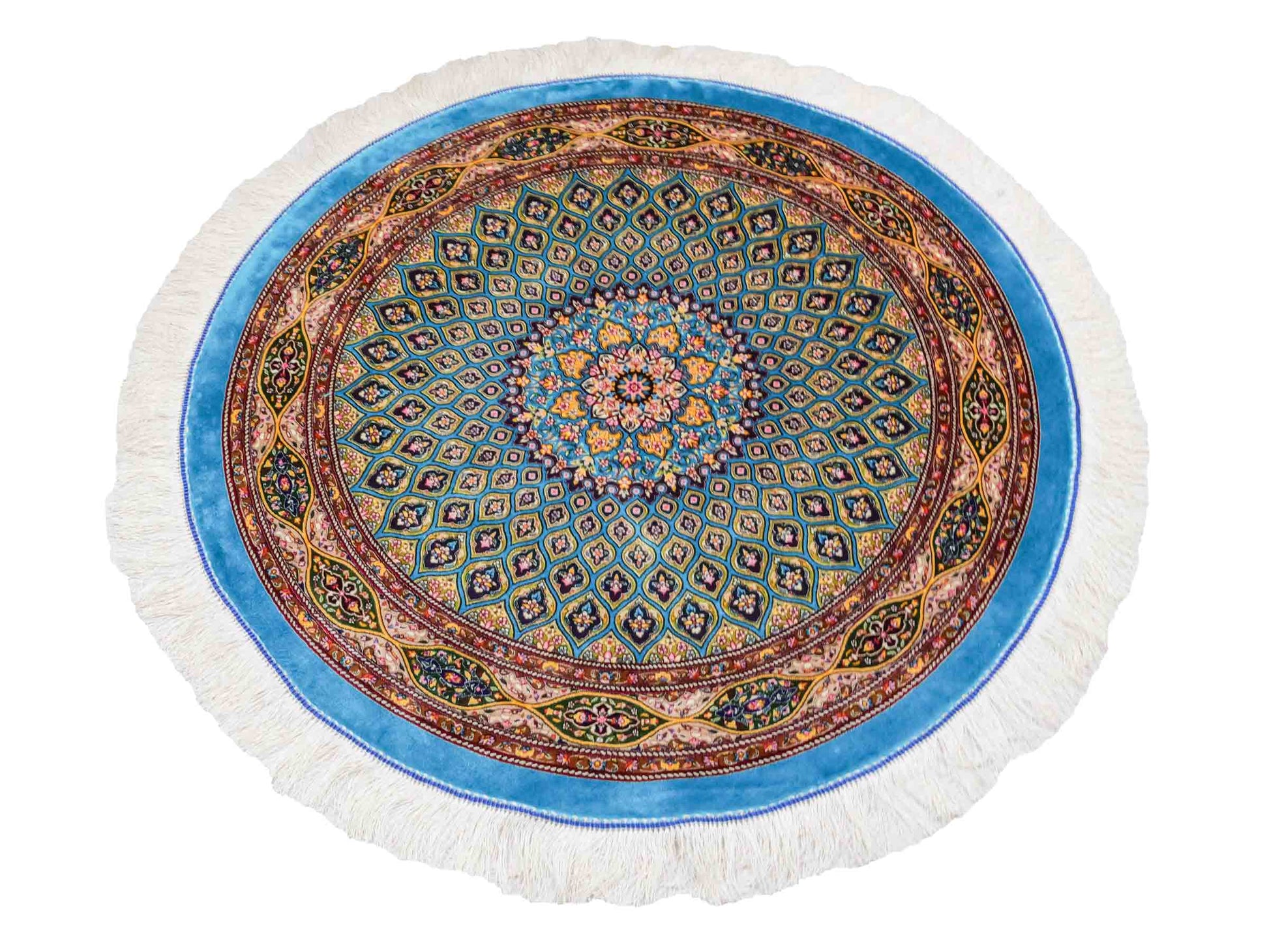 Runder Ghom Maschinenteppich "Kavus" 100 x 100 cm aus pflanzlicher Seide (Viskose) mit Gumbad-Medaillon, Hellblau. Teppichnummer: V50TQ100H. Persian Luxury Collection by Khademi. Made in Iran / Persia – Vertrieb durch JUPITER Intl.
