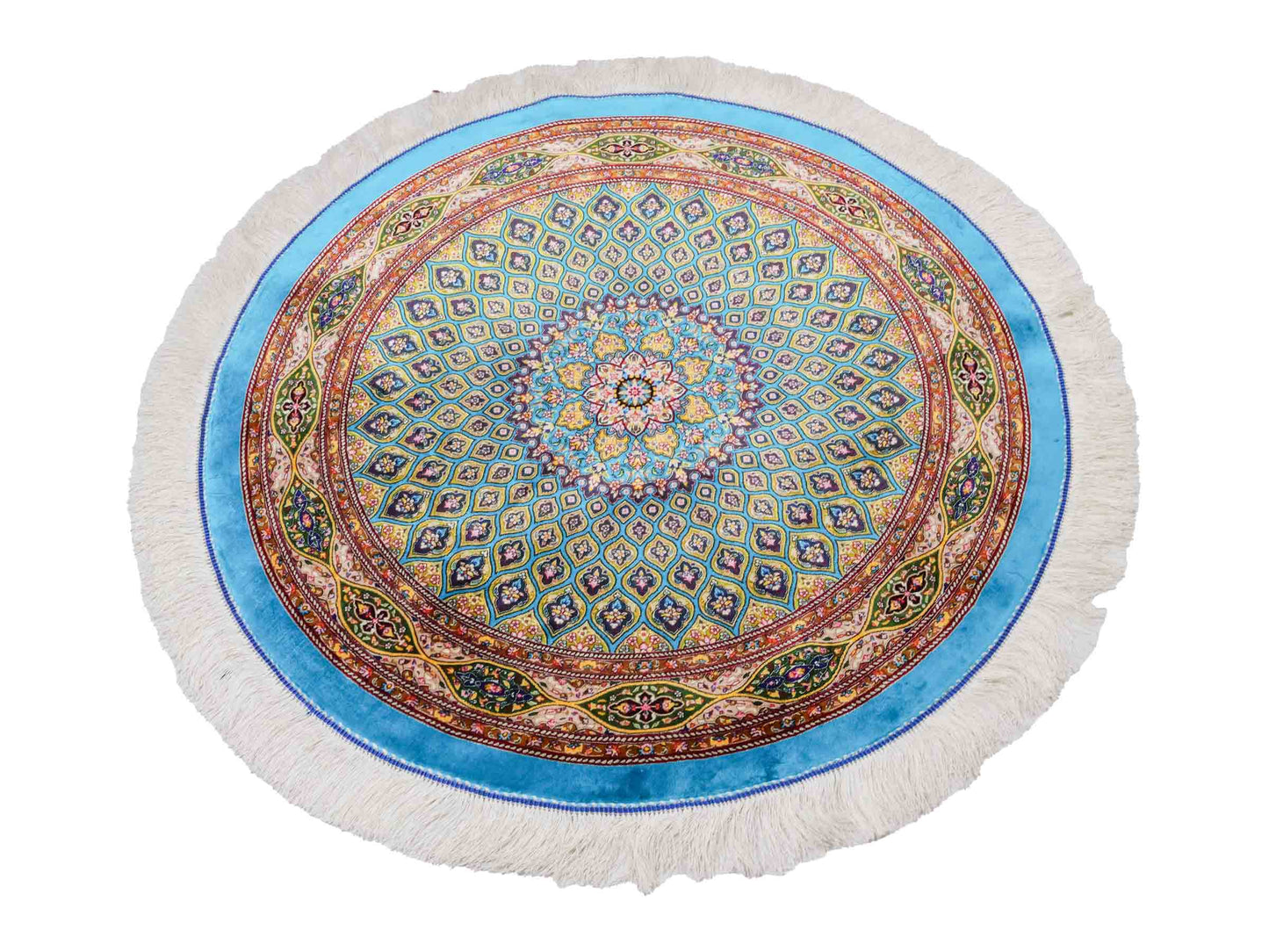 Runder Ghom Maschinenteppich "Kavus" 100 x 100 cm aus pflanzlicher Seide (Viskose) mit Gumbad-Medaillon, Hellblau. Teppichnummer: V50TQ100H. Persian Luxury Collection by Khademi. Made in Iran / Persia – Vertrieb durch JUPITER Intl.