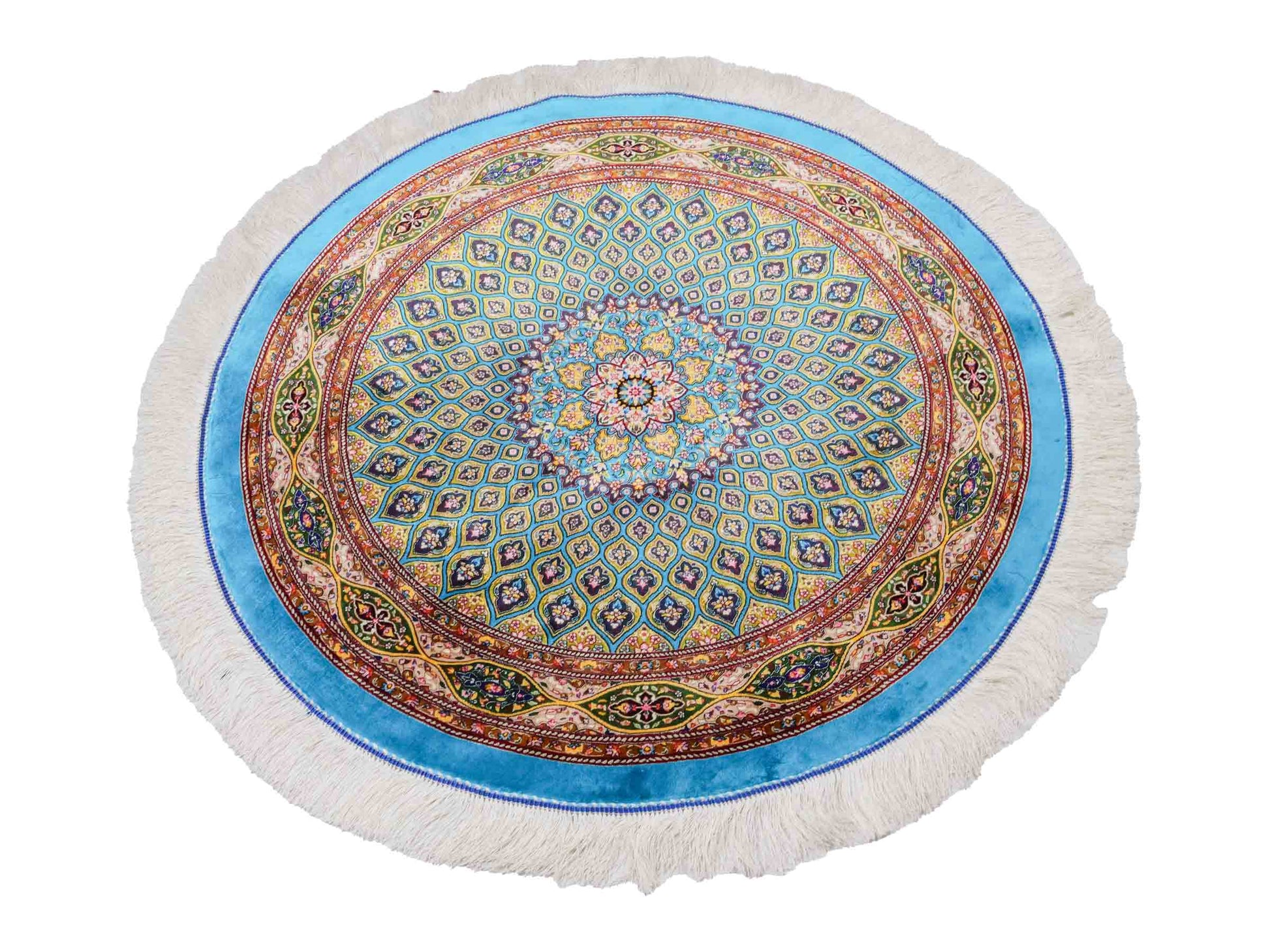 Runder Ghom Maschinenteppich "Kavus" 100 x 100 cm aus pflanzlicher Seide (Viskose) mit Gumbad-Medaillon, Hellblau. Teppichnummer: V50TQ100H. Persian Luxury Collection by Khademi. Made in Iran / Persia – Vertrieb durch JUPITER Intl.
