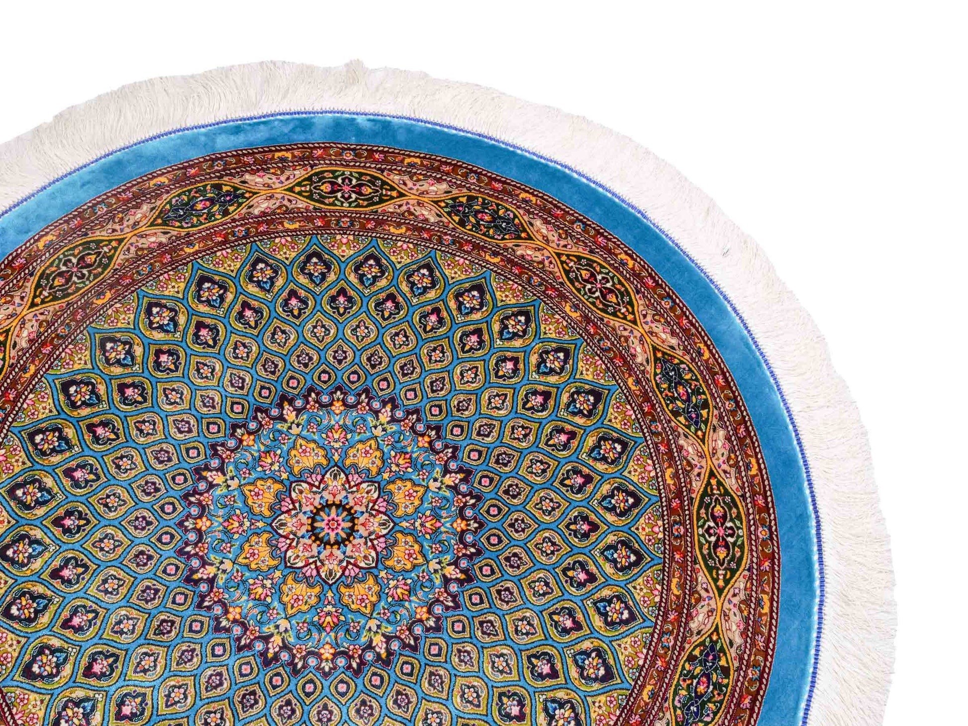 Runder Ghom Maschinenteppich "Kavus" 100 x 100 cm aus pflanzlicher Seide (Viskose) mit Gumbad-Medaillon, Hellblau. Teppichnummer: V50TQ100H. Persian Luxury Collection by Khademi. Made in Iran / Persia – Vertrieb durch JUPITER Intl.