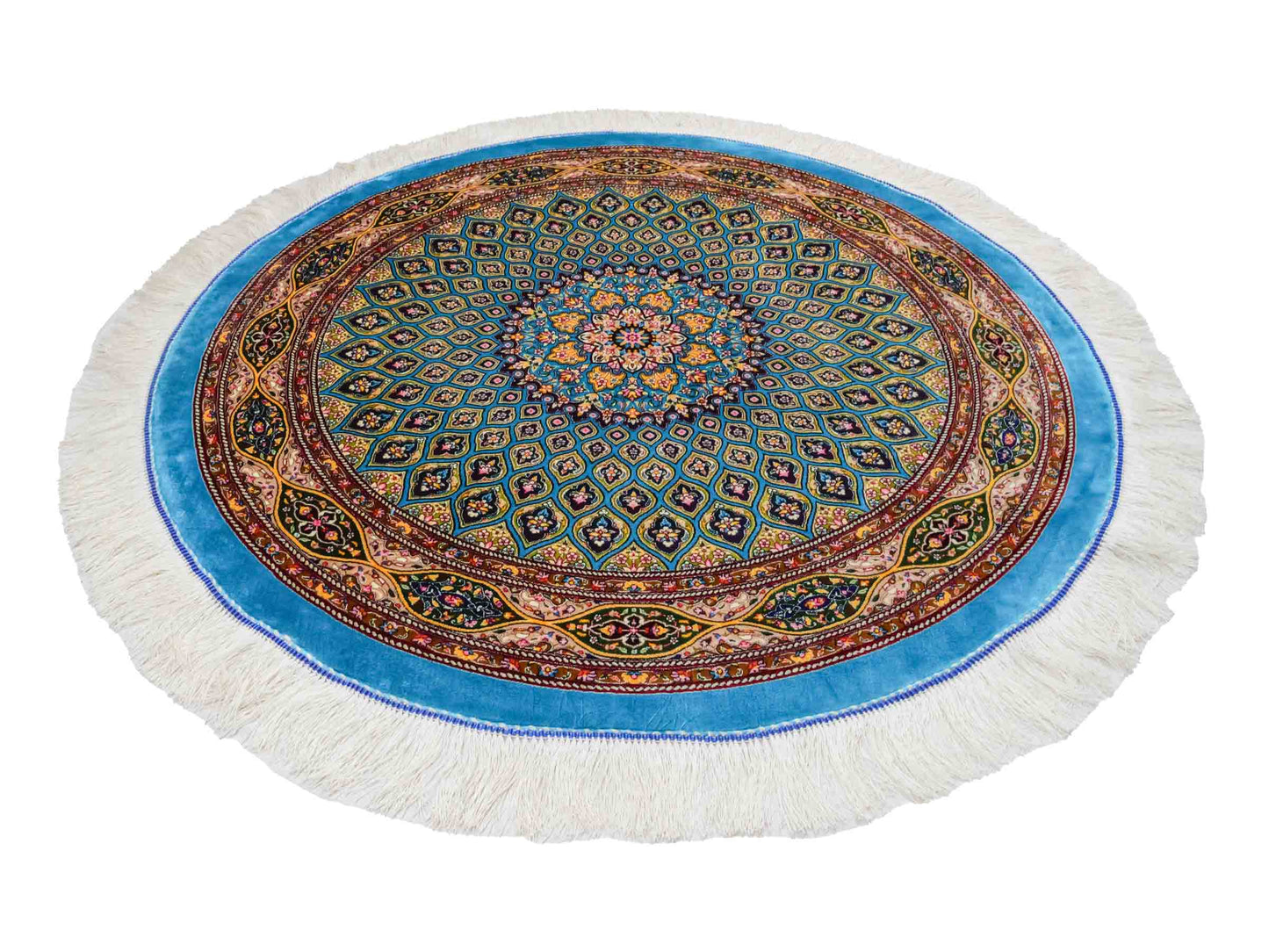 Runder Ghom Maschinenteppich "Kavus" 100 x 100 cm aus pflanzlicher Seide (Viskose) mit Gumbad-Medaillon, Hellblau. Teppichnummer: V50TQ100H. Persian Luxury Collection by Khademi. Made in Iran / Persia – Vertrieb durch JUPITER Intl.