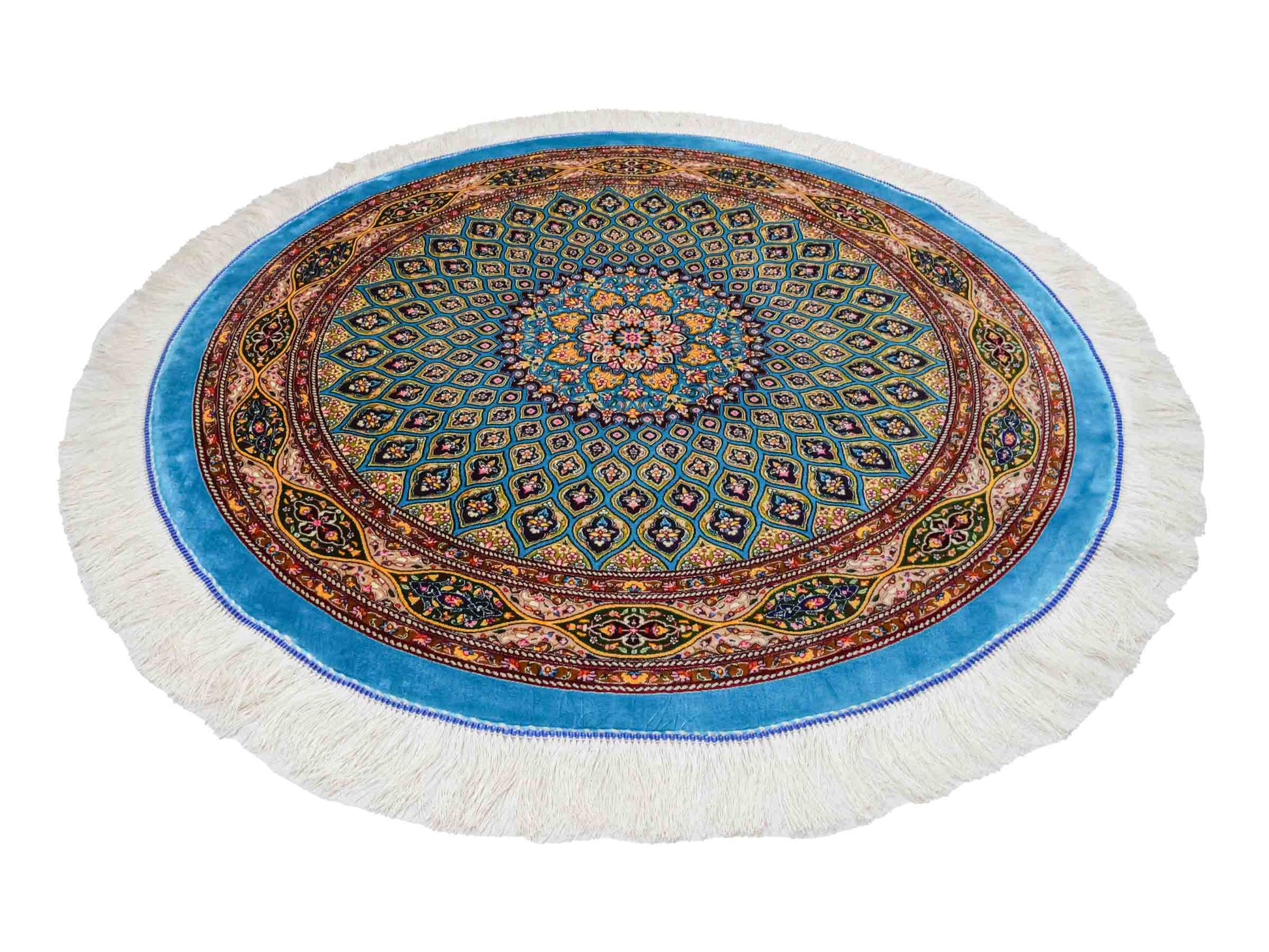 Runder Ghom Maschinenteppich "Kavus" 100 x 100 cm aus pflanzlicher Seide (Viskose) mit Gumbad-Medaillon, Hellblau. Teppichnummer: V50TQ100H. Persian Luxury Collection by Khademi. Made in Iran / Persia – Vertrieb durch JUPITER Intl.