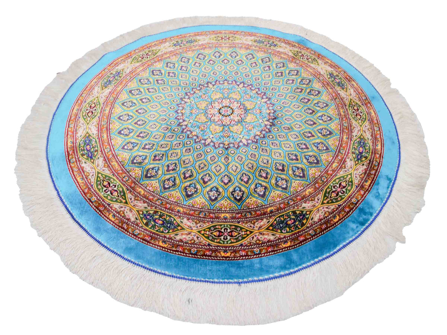 Runder Ghom Maschinenteppich "Kavus" 100 x 100 cm aus pflanzlicher Seide (Viskose) mit Gumbad-Medaillon, Hellblau. Teppichnummer: V50TQ100H. Persian Luxury Collection by Khademi. Made in Iran / Persia – Vertrieb durch JUPITER Intl.