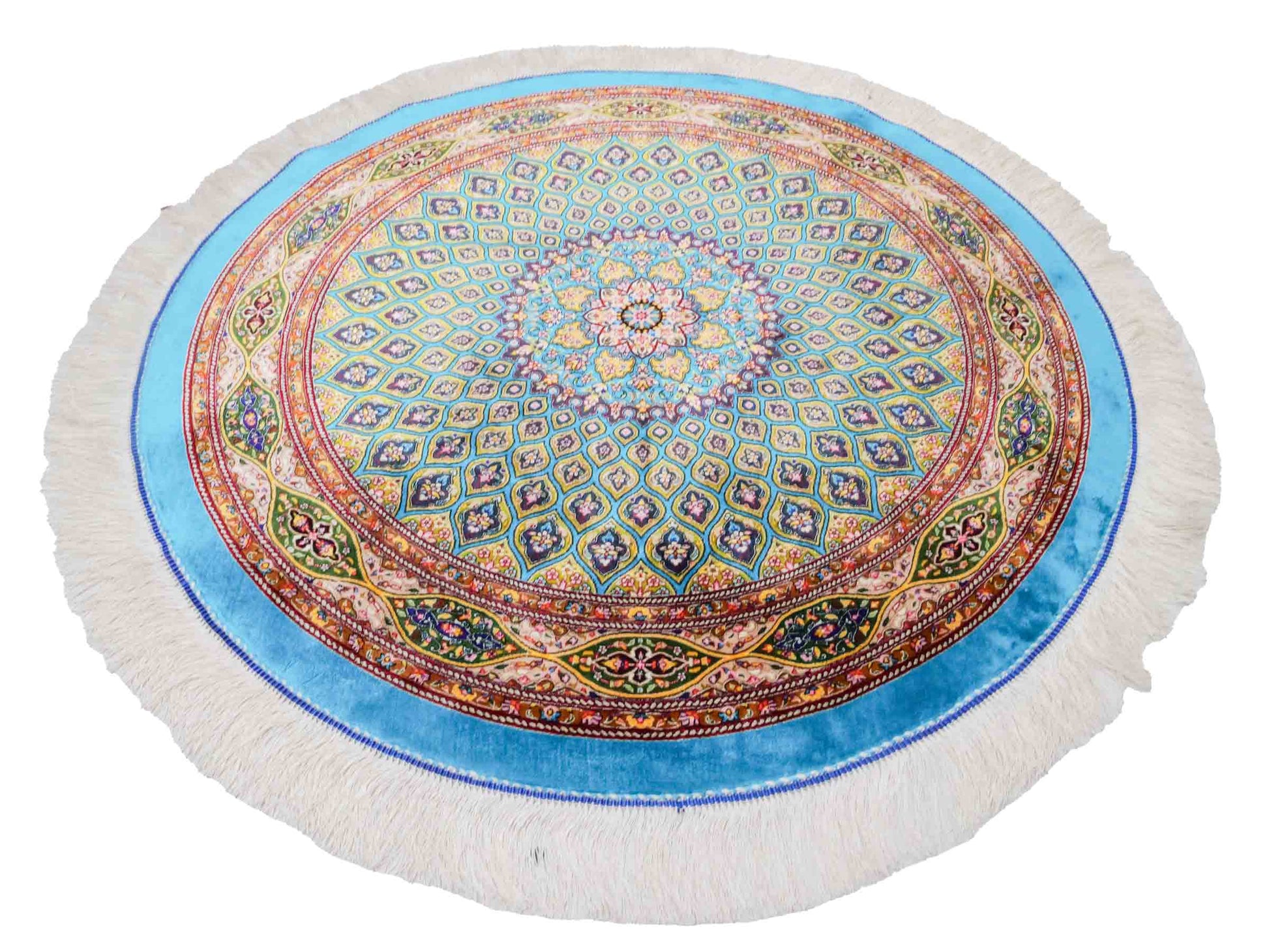 Runder Ghom Maschinenteppich "Kavus" 100 x 100 cm aus pflanzlicher Seide (Viskose) mit Gumbad-Medaillon, Hellblau. Teppichnummer: V50TQ100H. Persian Luxury Collection by Khademi. Made in Iran / Persia – Vertrieb durch JUPITER Intl.