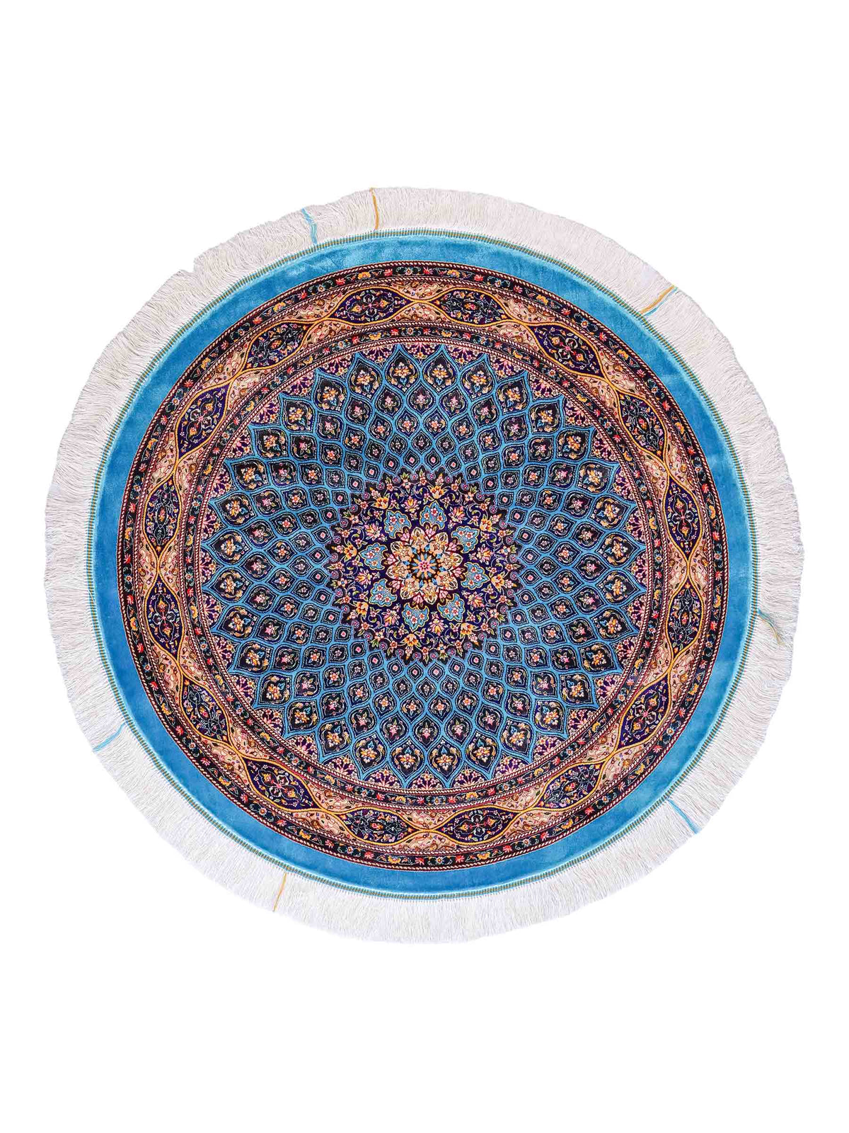 Runder Ghom Maschinenteppich "Kavus" 100 x 100 cm, mit Medaillon, aus pflanzlicher Seide (Viskose), Blau-Grün. Teppichnummer: V50TG100H. Persian Luxury Collection by Khademi. Made in Iran / Persia – Vertrieb durch JUPITER Intl.