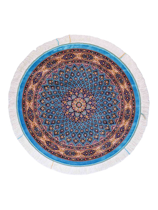 Runder Ghom Maschinenteppich "Kavus" 100 x 100 cm, mit Medaillon, aus pflanzlicher Seide (Viskose), Blau-Grün. Teppichnummer: V50TG100H. Persian Luxury Collection by Khademi. Made in Iran / Persia – Vertrieb durch JUPITER Intl.