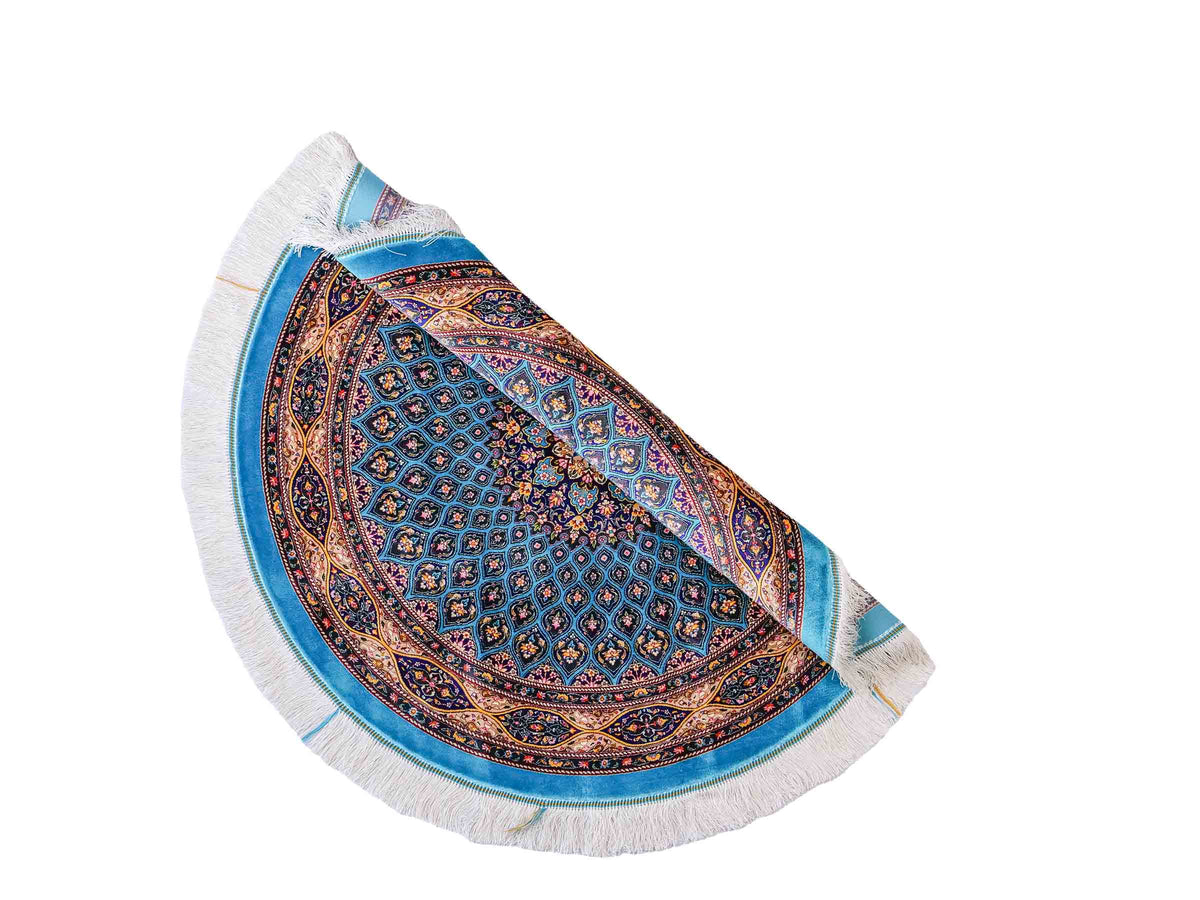 Runder Ghom Maschinenteppich "Kavus" 100 x 100 cm, mit Medaillon, aus pflanzlicher Seide (Viskose), Blau-Grün. Teppichnummer: V50TG100H. Persian Luxury Collection by Khademi. Made in Iran / Persia – Vertrieb durch JUPITER Intl.
