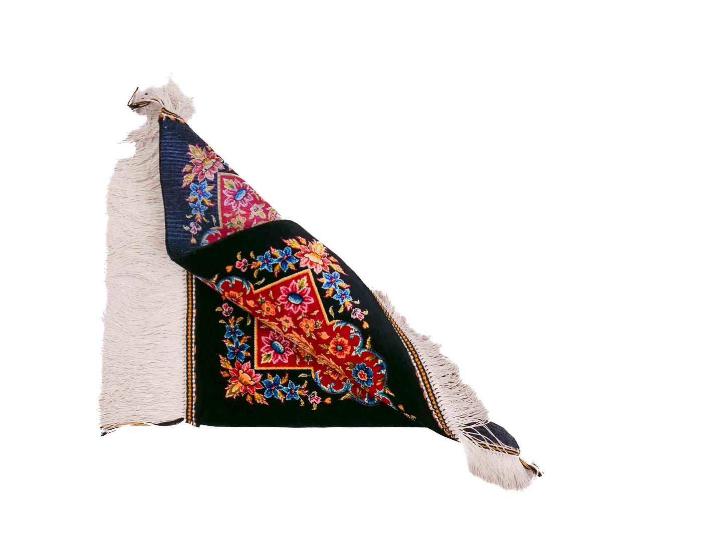 Ghom Maschinenteppich "Khosrow" 35 x 35 cm aus pflanzlicher Seide (Viskose) mit Bildmotiv, Schwarz, Beige, Rot. Teppichnummer: V52BK012H Persian Luxury Collection by Khademi. Made in Iran / Persia – Vertrieb durch JUPITER Intl.