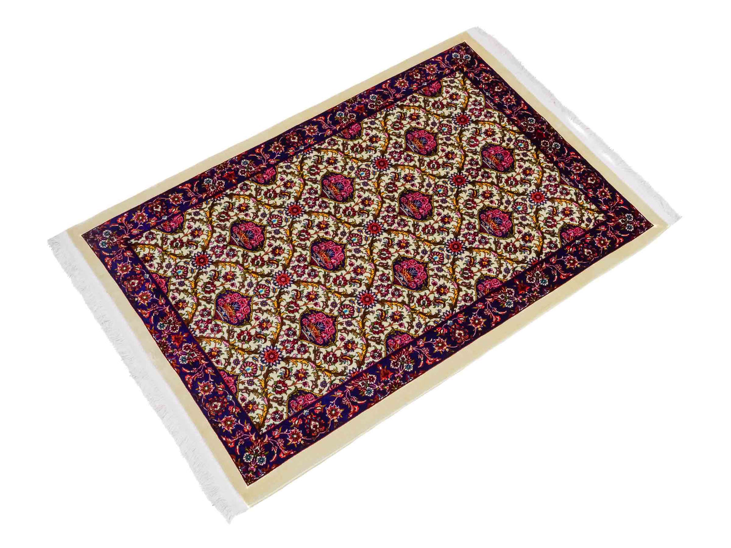 Ghom Maschinenteppich "Kiyumars" 90 x 60 cm aus pflanzlicher Seide (Viskose), Allover-Design, Cremeweiß, Blau, Rot. Teppichnummer: V53CR054M. Persian Luxury Collection by Khademi. Made in Iran / Persia – Vertrieb durch JUPITER Intl.