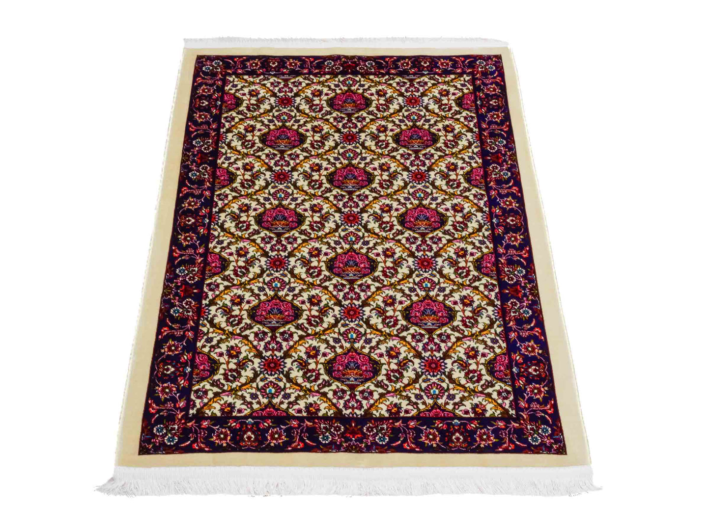 Ghom Maschinenteppich "Kiyumars" 90 x 60 cm aus pflanzlicher Seide (Viskose), Allover-Design, Cremeweiß, Blau, Rot. Teppichnummer: V53CR054M. Persian Luxury Collection by Khademi. Made in Iran / Persia – Vertrieb durch JUPITER Intl.