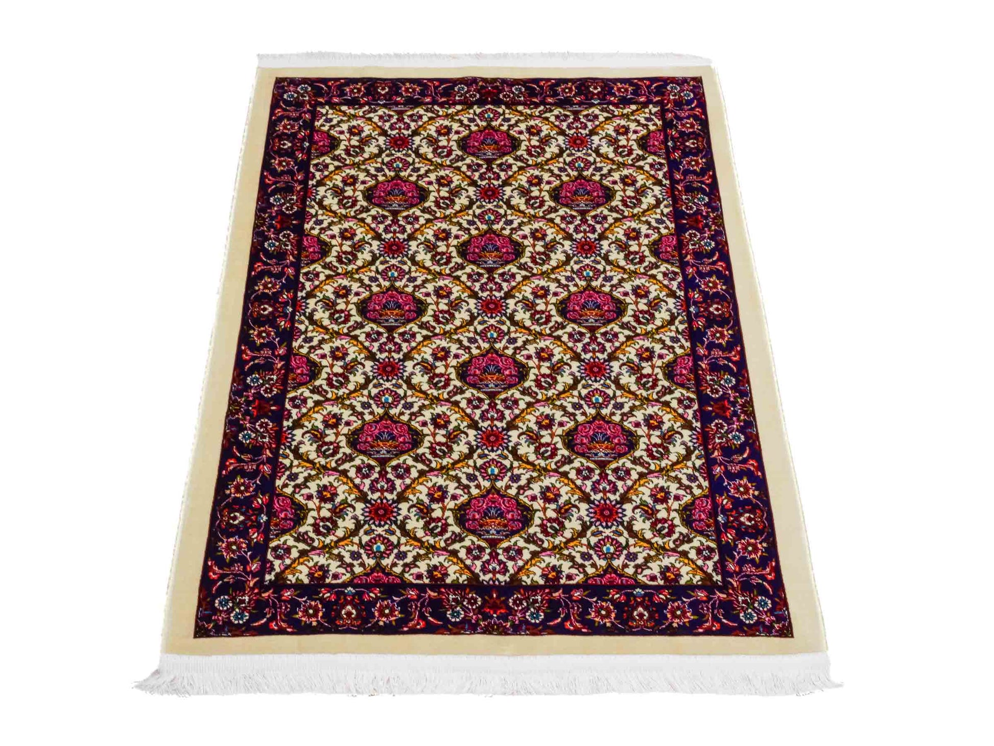 Ghom Maschinenteppich "Kiyumars" 90 x 60 cm aus pflanzlicher Seide (Viskose), Allover-Design, Cremeweiß, Blau, Rot. Teppichnummer: V53CR054M. Persian Luxury Collection by Khademi. Made in Iran / Persia – Vertrieb durch JUPITER Intl.