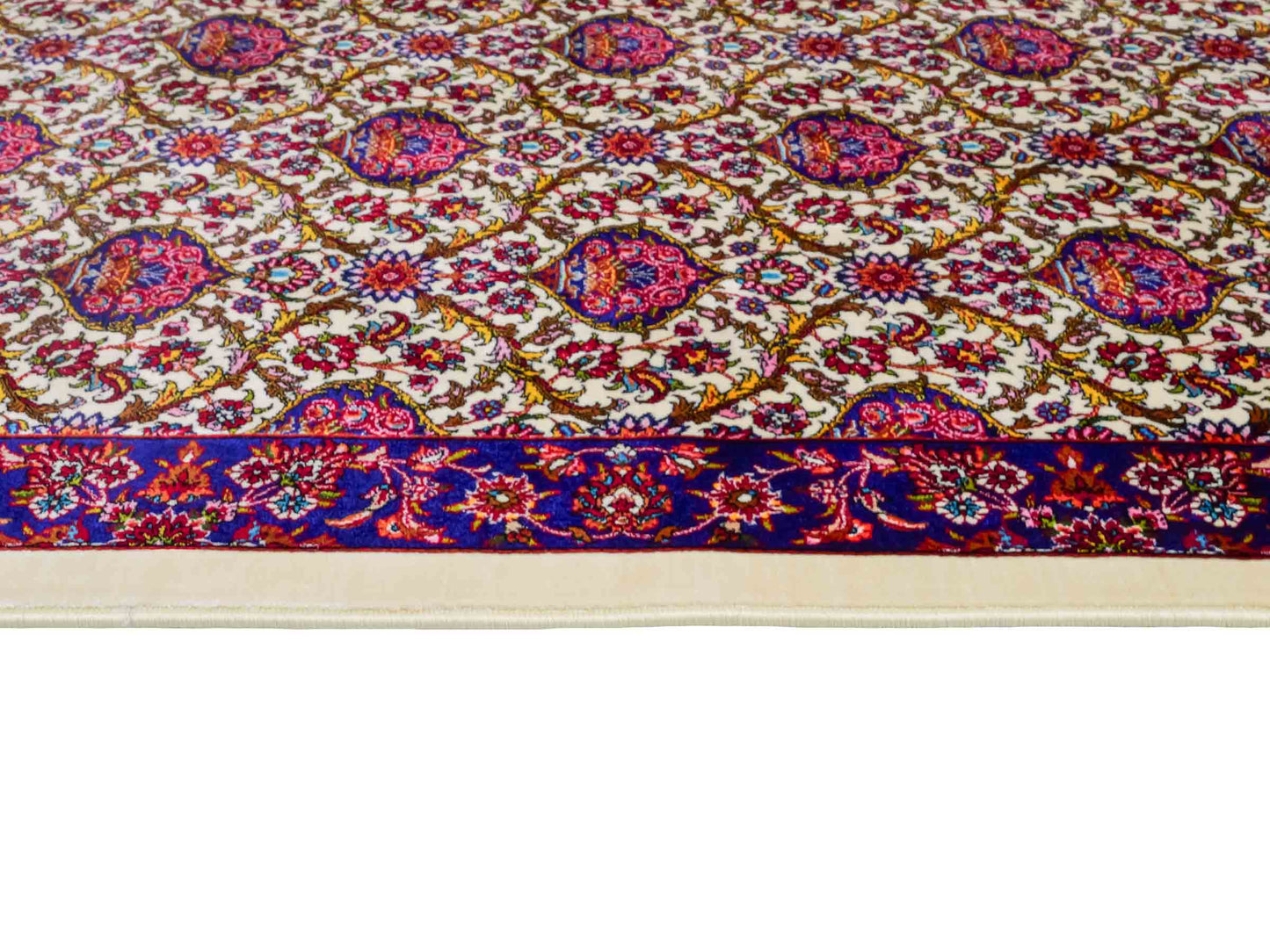 Ghom Maschinenteppich "Kiyumars" 90 x 60 cm aus pflanzlicher Seide (Viskose), Allover-Design, Cremeweiß, Blau, Rot. Teppichnummer: V53CR054M. Persian Luxury Collection by Khademi. Made in Iran / Persia – Vertrieb durch JUPITER Intl.