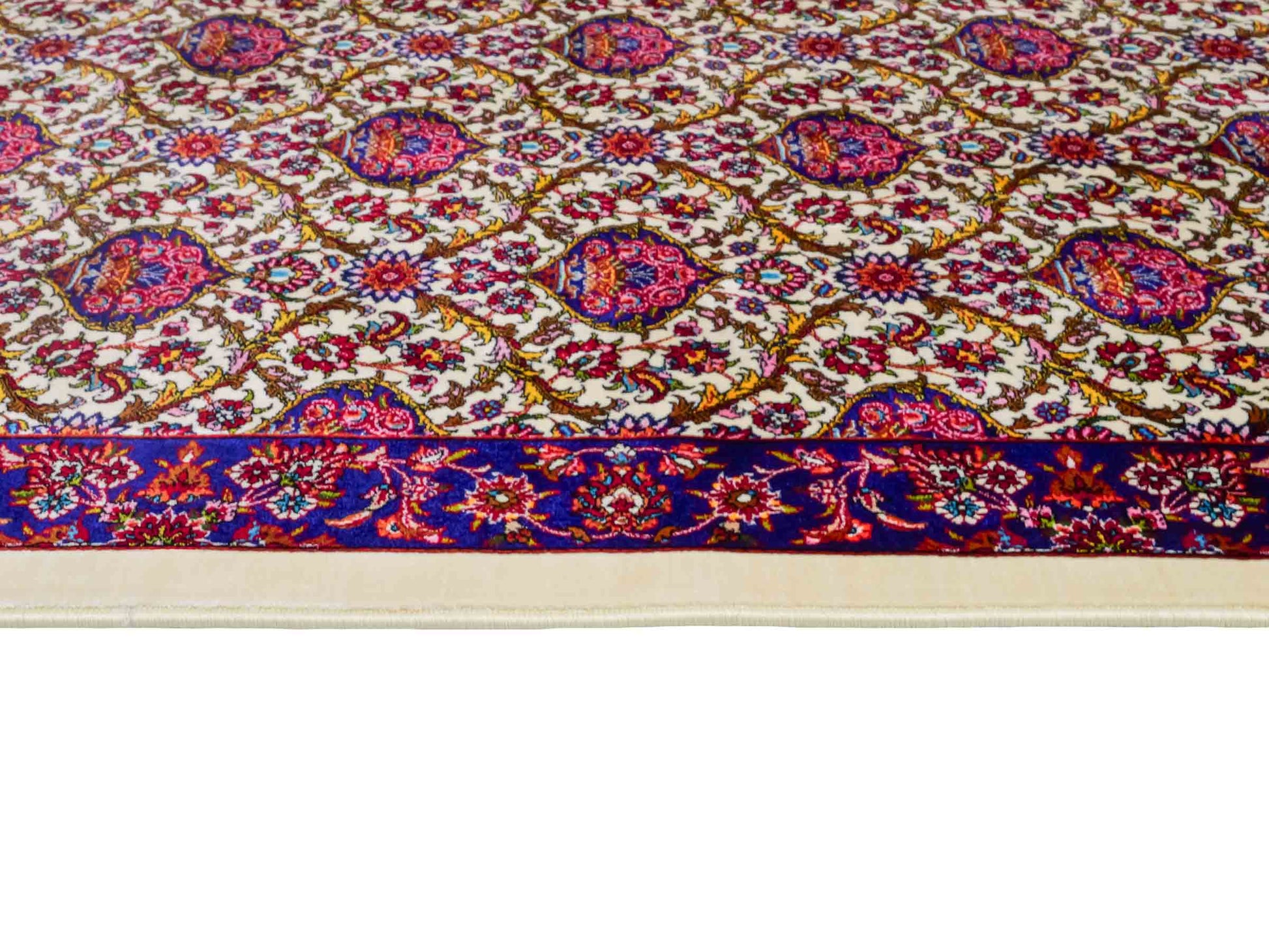 Ghom Maschinenteppich "Kiyumars" 90 x 60 cm aus pflanzlicher Seide (Viskose), Allover-Design, Cremeweiß, Blau, Rot. Teppichnummer: V53CR054M. Persian Luxury Collection by Khademi. Made in Iran / Persia – Vertrieb durch JUPITER Intl.