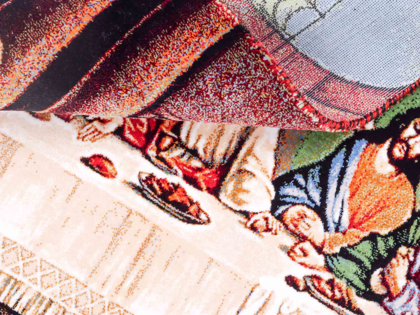 Ghom Maschinenteppich "Letztes Abendmahl" 70 x 50 cm aus pflanzlicher Seide (Viskose). Wandteppich mit Bildmotiv, Mehrfarbig. Teppichnummer: V34MC035H. Persian Luxury Collection by Khademi. Made in Iran / Persia – Vertrieb durch JUPITER Intl.