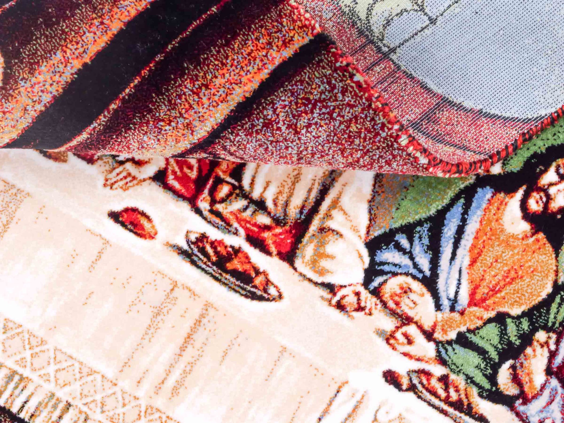 Ghom Maschinenteppich "Letztes Abendmahl" 70 x 50 cm aus pflanzlicher Seide (Viskose). Wandteppich mit Bildmotiv, Mehrfarbig. Teppichnummer: V34MC035H. Persian Luxury Collection by Khademi. Made in Iran / Persia – Vertrieb durch JUPITER Intl.