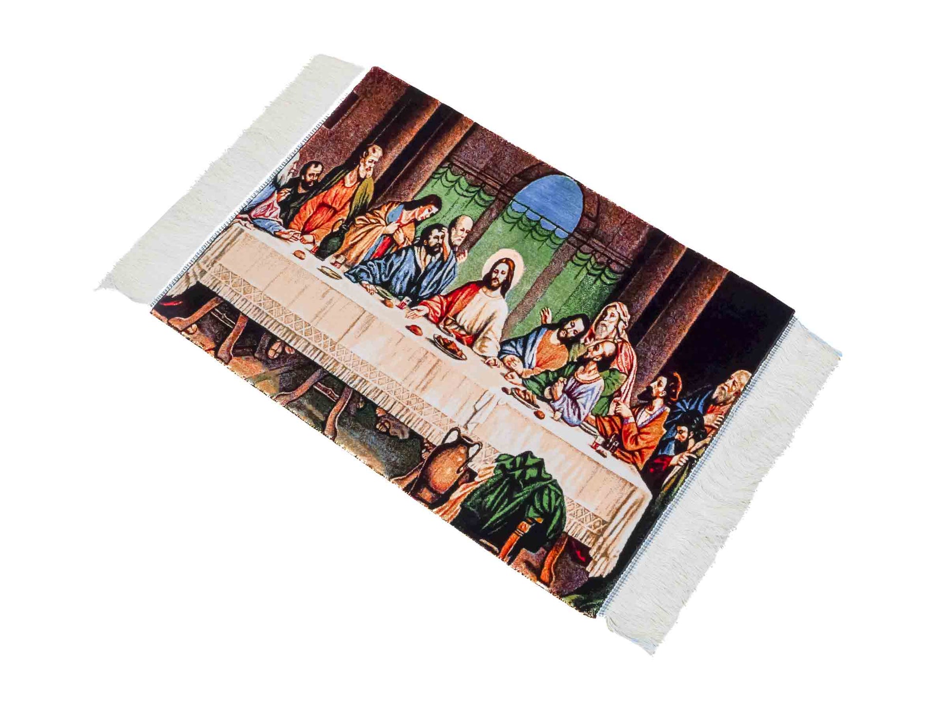 Ghom Maschinenteppich "Letztes Abendmahl" 70 x 50 cm aus pflanzlicher Seide (Viskose). Wandteppich mit Bildmotiv, Mehrfarbig. Teppichnummer: V34MC035H. Persian Luxury Collection by Khademi. Made in Iran / Persia – Vertrieb durch JUPITER Intl.