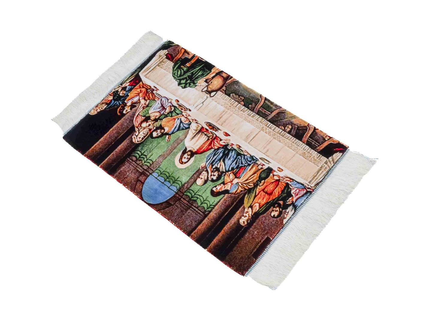 Ghom Maschinenteppich "Letztes Abendmahl" 70 x 50 cm aus pflanzlicher Seide (Viskose). Wandteppich mit Bildmotiv, Mehrfarbig. Teppichnummer: V34MC035H. Persian Luxury Collection by Khademi. Made in Iran / Persia – Vertrieb durch JUPITER Intl.