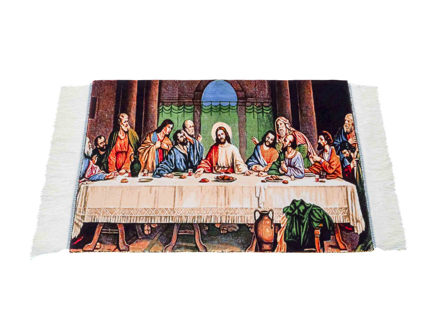 Ghom Maschinenteppich "Letztes Abendmahl" 70 x 50 cm aus pflanzlicher Seide (Viskose). Wandteppich mit Bildmotiv, Mehrfarbig. Teppichnummer: V34MC035H. Persian Luxury Collection by Khademi. Made in Iran / Persia – Vertrieb durch JUPITER Intl.
