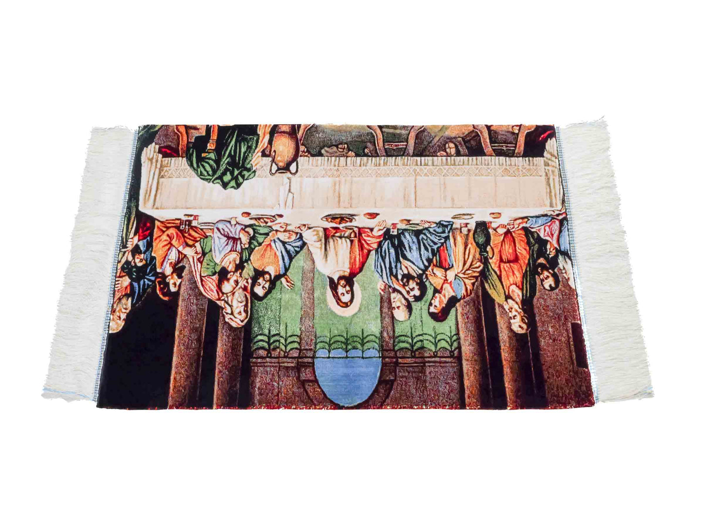 Ghom Maschinenteppich "Letztes Abendmahl" 70 x 50 cm aus pflanzlicher Seide (Viskose). Wandteppich mit Bildmotiv, Mehrfarbig. Teppichnummer: V34MC035H. Persian Luxury Collection by Khademi. Made in Iran / Persia – Vertrieb durch JUPITER Intl.