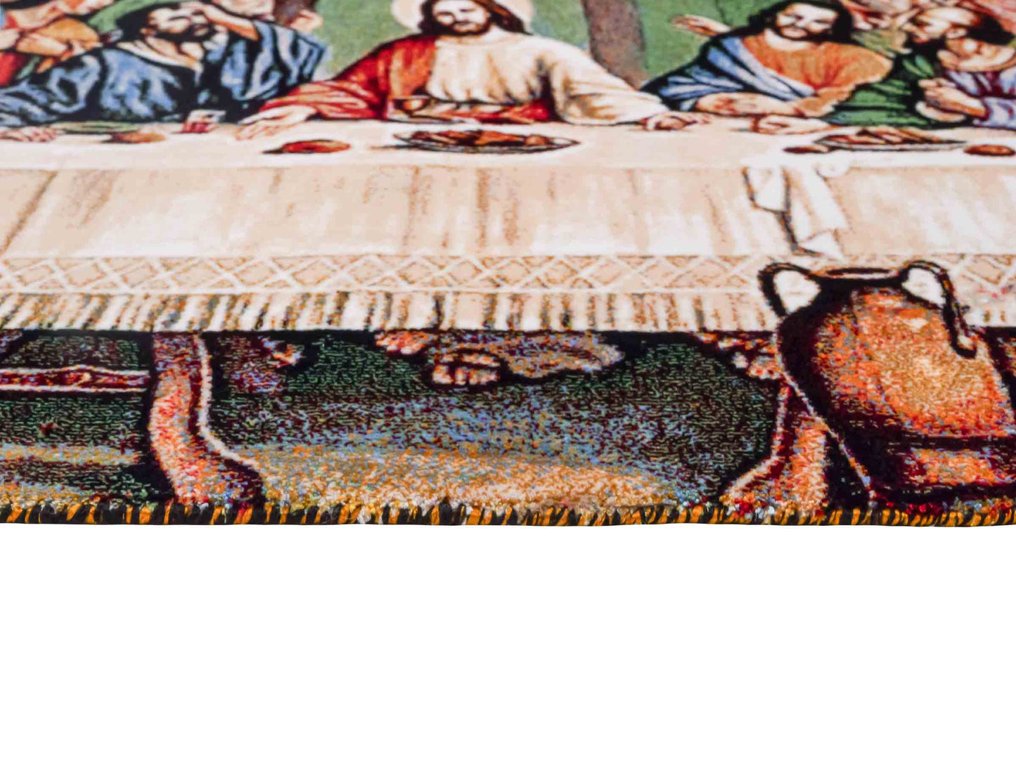 Ghom Maschinenteppich "Letztes Abendmahl" 70 x 50 cm aus pflanzlicher Seide (Viskose). Wandteppich mit Bildmotiv, Mehrfarbig. Teppichnummer: V34MC035H. Persian Luxury Collection by Khademi. Made in Iran / Persia – Vertrieb durch JUPITER Intl.