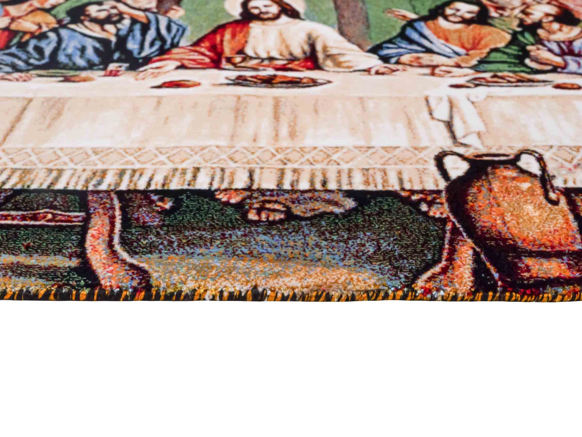 Ghom Maschinenteppich "Letztes Abendmahl" 70 x 50 cm aus pflanzlicher Seide (Viskose). Wandteppich mit Bildmotiv, Mehrfarbig. Teppichnummer: V34MC035H. Persian Luxury Collection by Khademi. Made in Iran / Persia – Vertrieb durch JUPITER Intl.