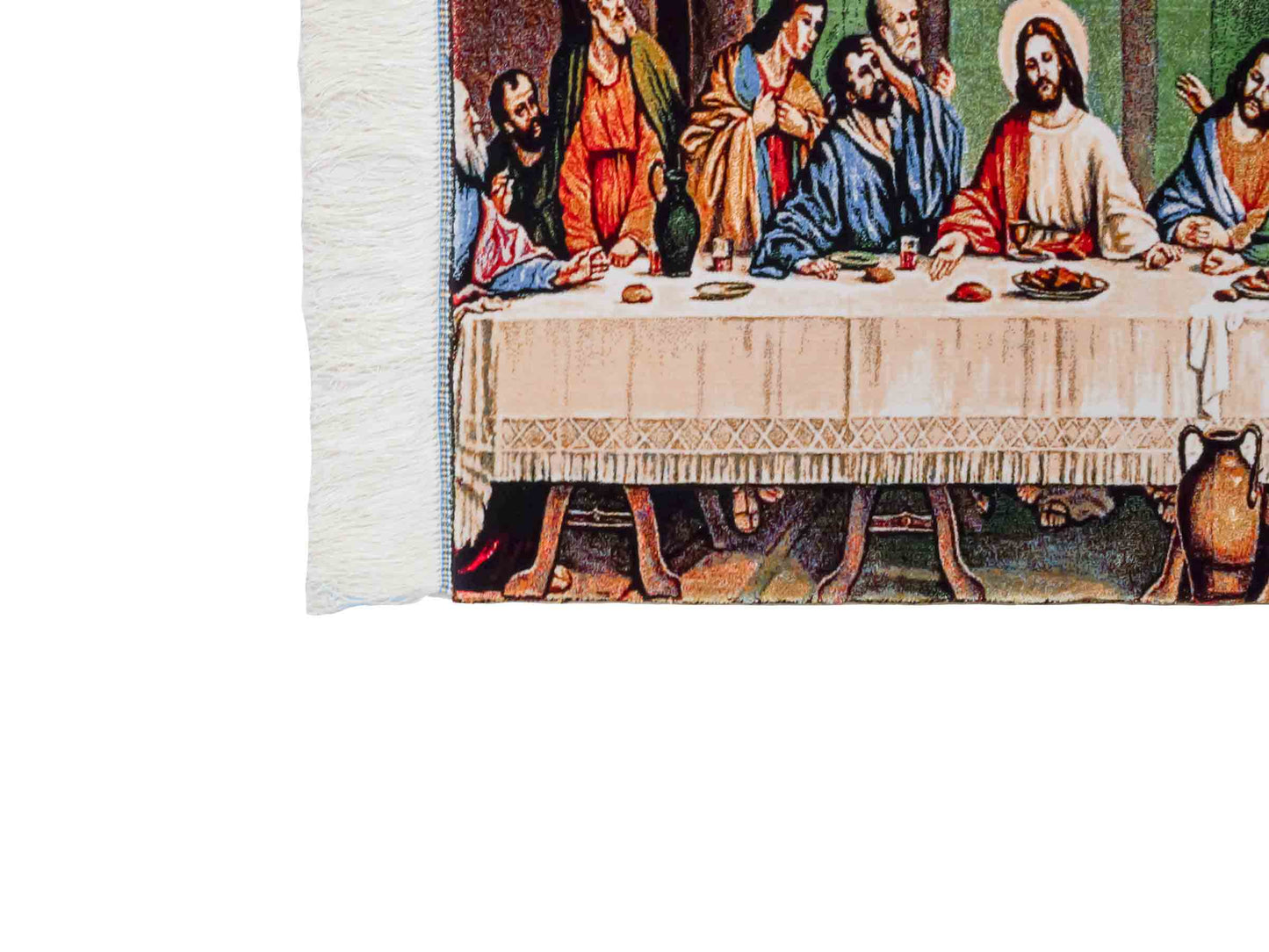 Ghom Maschinenteppich "Letztes Abendmahl" 70 x 50 cm aus pflanzlicher Seide (Viskose). Wandteppich mit Bildmotiv, Mehrfarbig. Teppichnummer: V34MC035H. Persian Luxury Collection by Khademi. Made in Iran / Persia – Vertrieb durch JUPITER Intl.