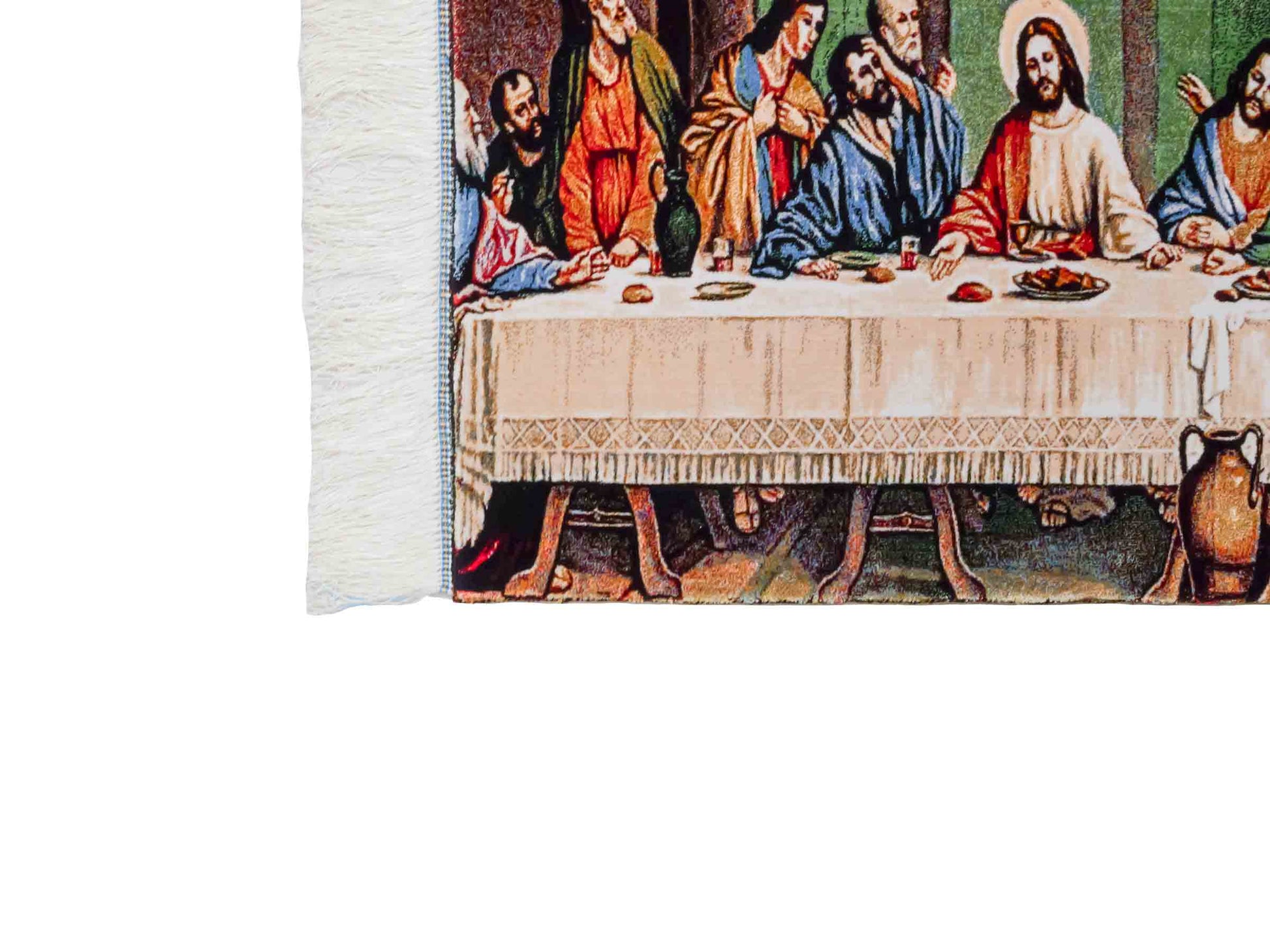 Ghom Maschinenteppich "Letztes Abendmahl" 70 x 50 cm aus pflanzlicher Seide (Viskose). Wandteppich mit Bildmotiv, Mehrfarbig. Teppichnummer: V34MC035H. Persian Luxury Collection by Khademi. Made in Iran / Persia – Vertrieb durch JUPITER Intl.