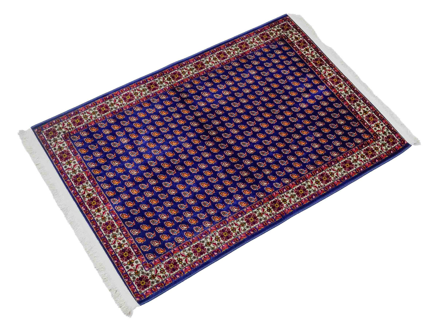 Ghom Maschinenteppich "Lohrasp" 90 x 60 cm aus pflanzlicher Seide (Viskose), Allover-Design (Boteh Mir), Dunkelblau. Teppichnummer: V54DB054M. Persian Luxury Collection by Khademi. Made in Iran / Persia – Vertrieb durch JUPITER Intl.