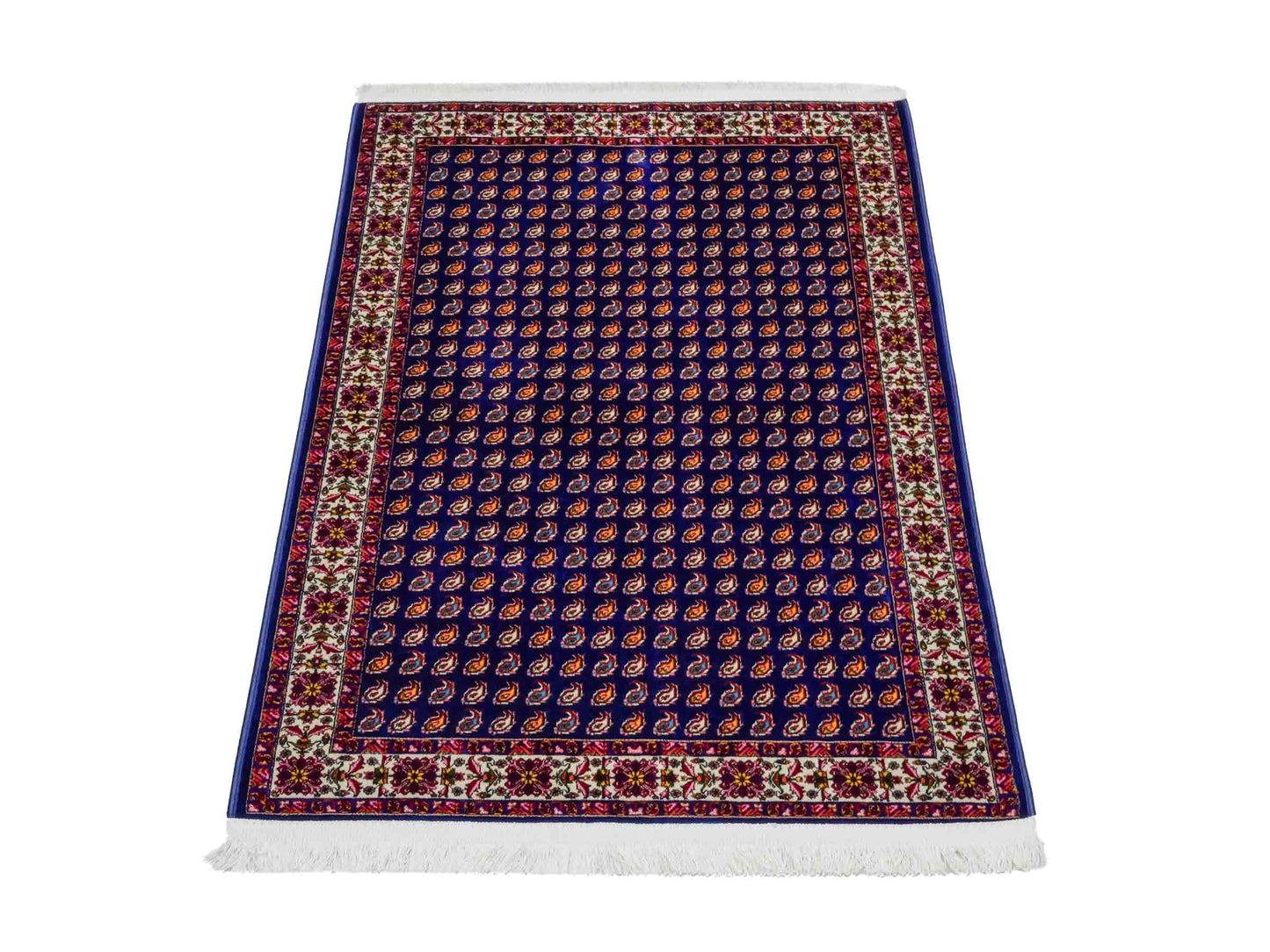 Ghom Maschinenteppich "Lohrasp" 90 x 60 cm aus pflanzlicher Seide (Viskose), Allover-Design (Boteh Mir), Dunkelblau. Teppichnummer: V54DB054M. Persian Luxury Collection by Khademi. Made in Iran / Persia – Vertrieb durch JUPITER Intl.