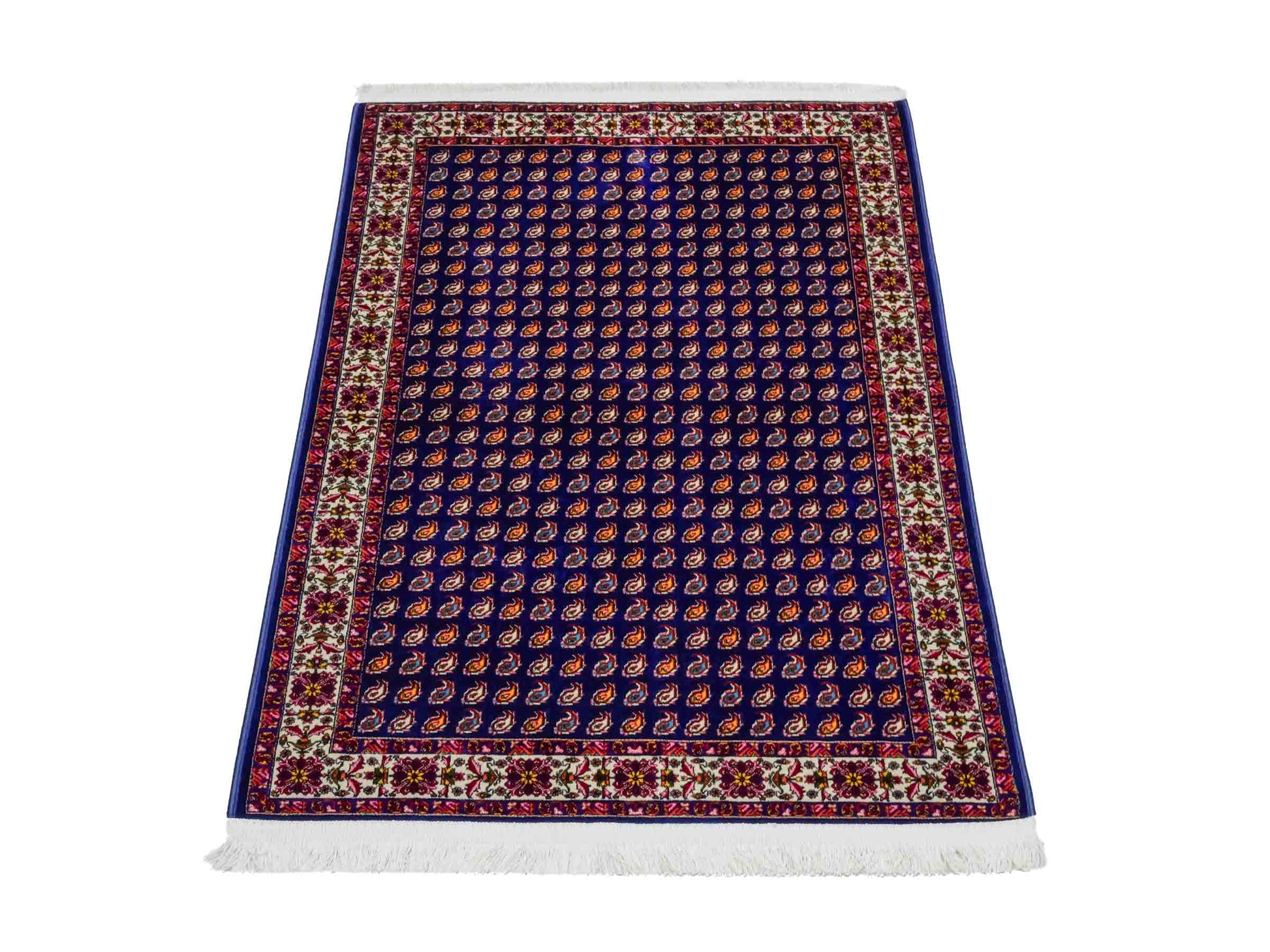 Ghom Maschinenteppich "Lohrasp" 90 x 60 cm aus pflanzlicher Seide (Viskose), Allover-Design (Boteh Mir), Dunkelblau. Teppichnummer: V54DB054M. Persian Luxury Collection by Khademi. Made in Iran / Persia – Vertrieb durch JUPITER Intl.