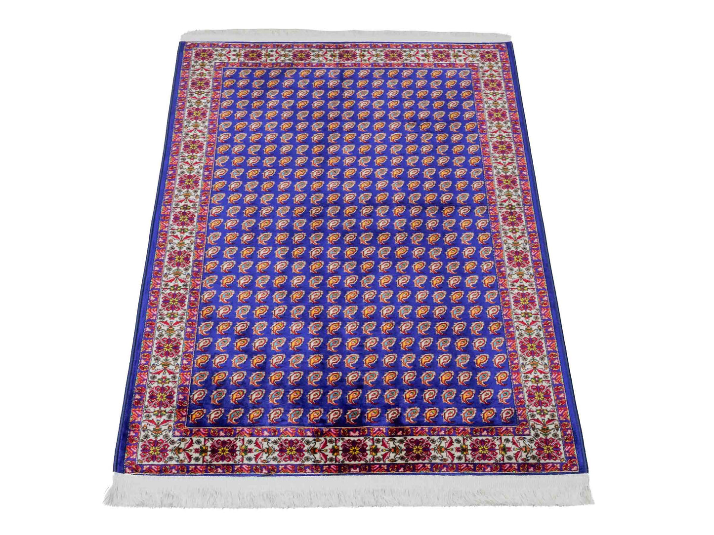 Ghom Maschinenteppich "Lohrasp" 90 x 60 cm aus pflanzlicher Seide (Viskose), Allover-Design (Boteh Mir), Dunkelblau. Teppichnummer: V54DB054M. Persian Luxury Collection by Khademi. Made in Iran / Persia – Vertrieb durch JUPITER Intl.