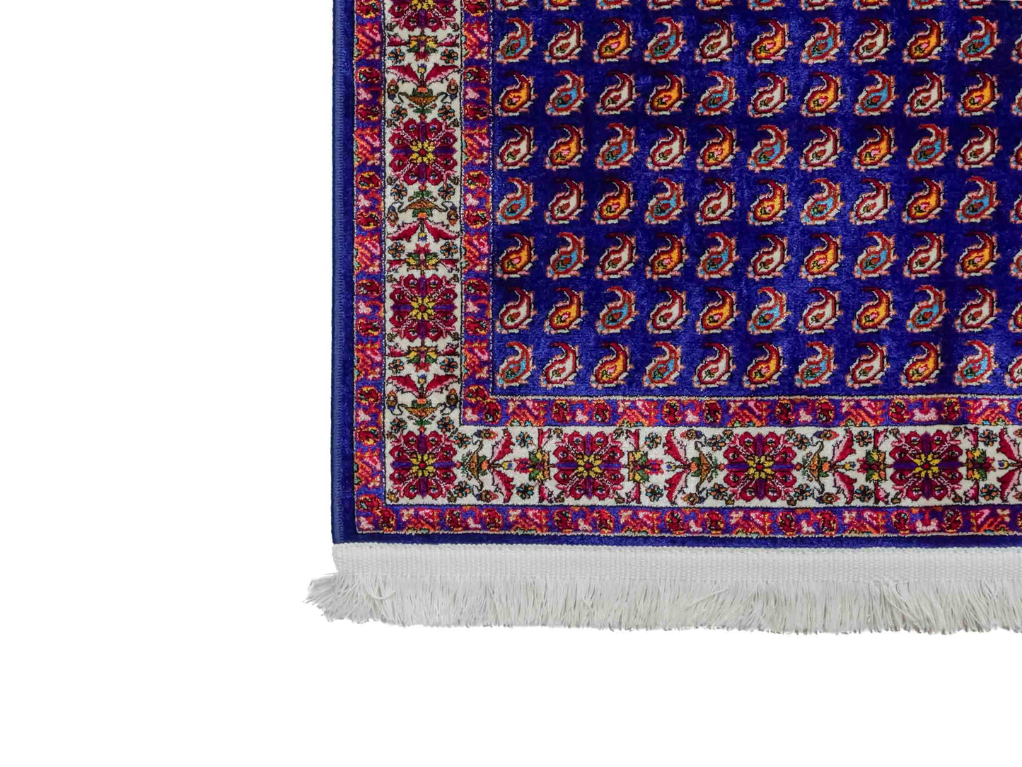 Ghom Maschinenteppich "Lohrasp" 90 x 60 cm aus pflanzlicher Seide (Viskose), Allover-Design (Boteh Mir), Dunkelblau. Teppichnummer: V54DB054M. Persian Luxury Collection by Khademi. Made in Iran / Persia – Vertrieb durch JUPITER Intl.