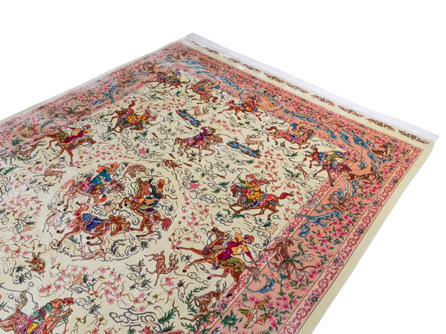 Ghom Maschinenteppich "Mahan" 300 x 200 cm aus pflanzlicher Seide (Viskose) mit Jagdmotiv-Medaillon, Cremeweiß, Beige. Teppichnummer: V60CR600H. Persian Luxury Collection by Khademi. Made in Iran / Persia – Vertrieb durch JUPITER Intl.