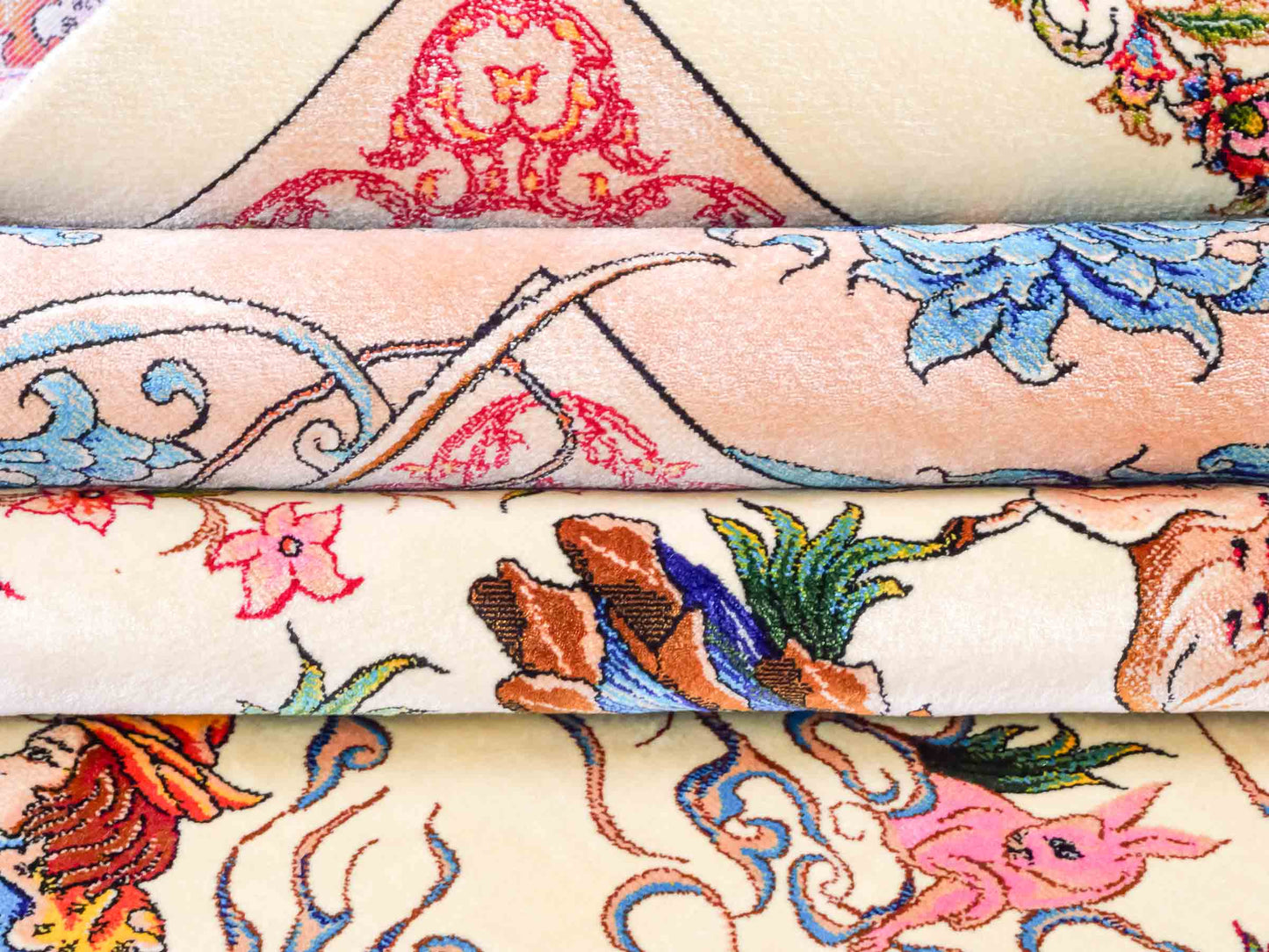 Ghom Maschinenteppich "Mahan" 300 x 200 cm aus pflanzlicher Seide (Viskose) mit Jagdmotiv-Medaillon, Cremeweiß, Beige. Teppichnummer: V60CR600H. Persian Luxury Collection by Khademi. Made in Iran / Persia – Vertrieb durch JUPITER Intl.