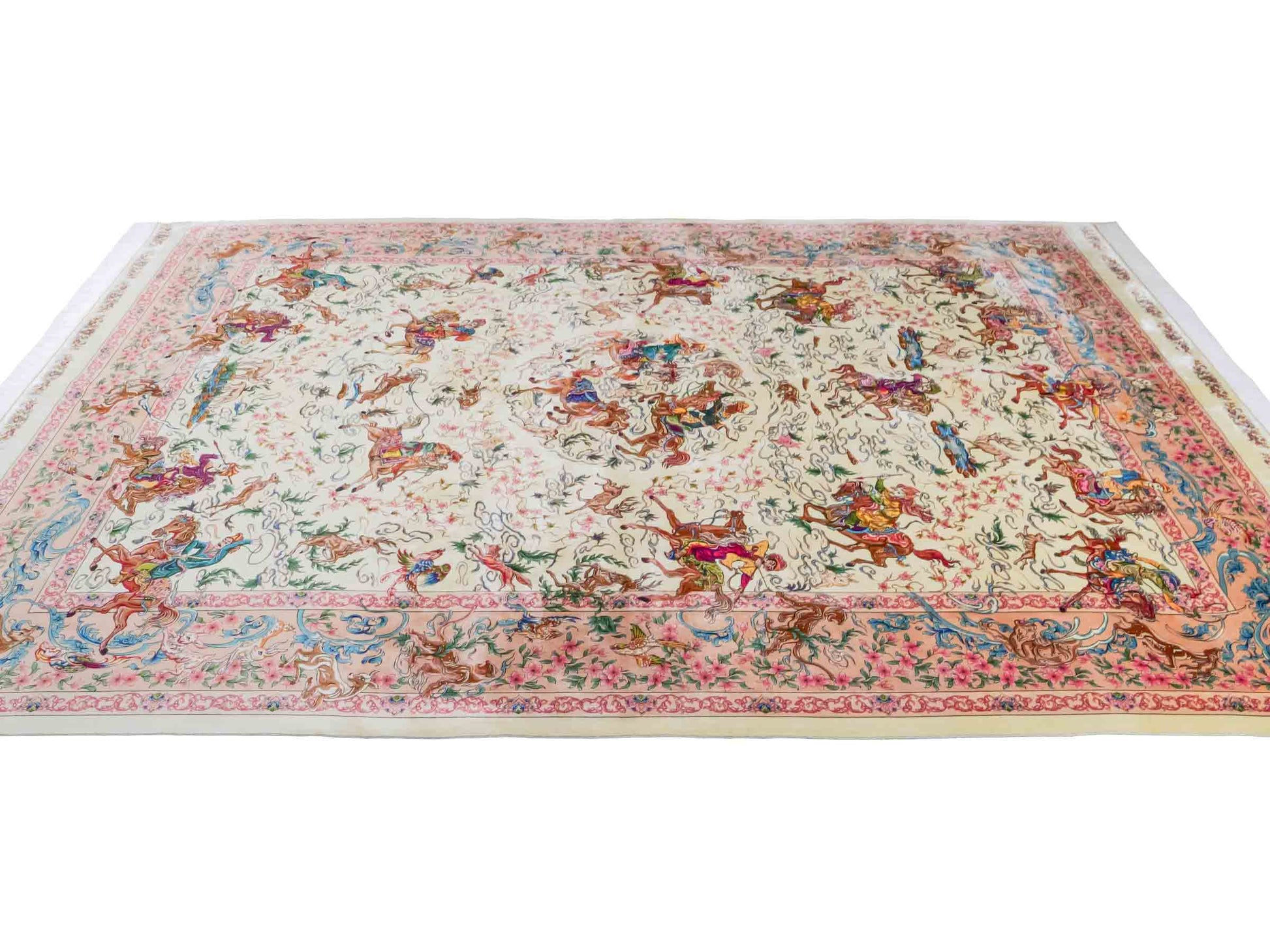 Ghom Maschinenteppich "Mahan" 300 x 200 cm aus pflanzlicher Seide (Viskose) mit Jagdmotiv-Medaillon, Cremeweiß, Beige. Teppichnummer: V60CR600H. Persian Luxury Collection by Khademi. Made in Iran / Persia – Vertrieb durch JUPITER Intl.