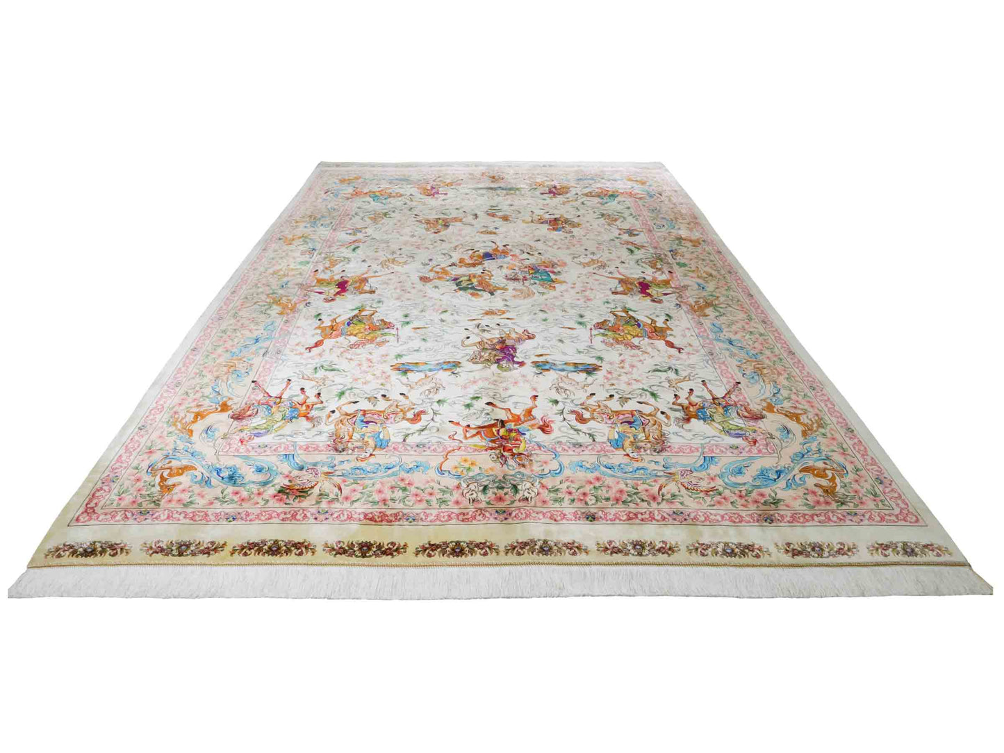 Ghom Maschinenteppich "Mahan" 300 x 200 cm aus pflanzlicher Seide (Viskose) mit Jagdmotiv-Medaillon, Cremeweiß, Beige. Teppichnummer: V60CR600H. Persian Luxury Collection by Khademi. Made in Iran / Persia – Vertrieb durch JUPITER Intl.