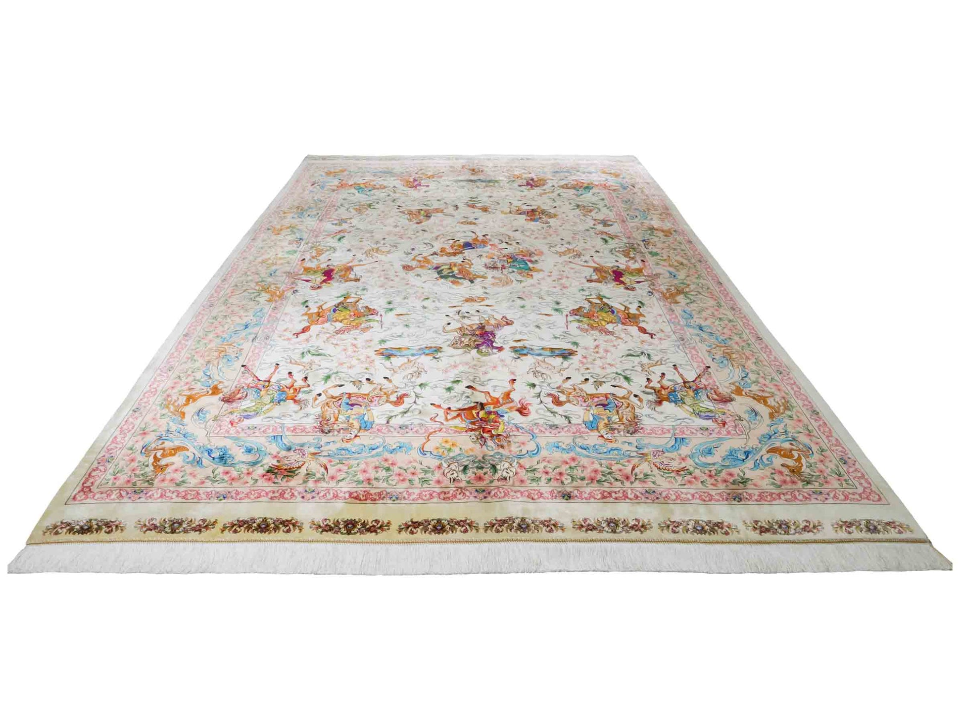 Ghom Maschinenteppich "Mahan" 300 x 200 cm aus pflanzlicher Seide (Viskose) mit Jagdmotiv-Medaillon, Cremeweiß, Beige. Teppichnummer: V60CR600H. Persian Luxury Collection by Khademi. Made in Iran / Persia – Vertrieb durch JUPITER Intl.