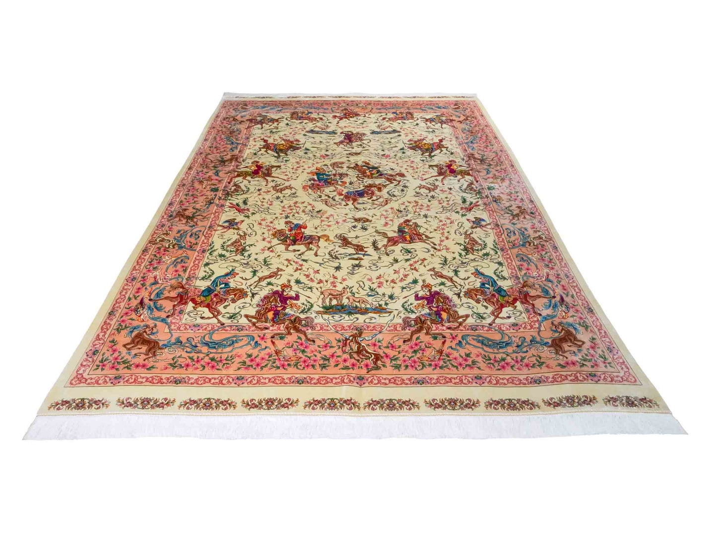 Ghom Maschinenteppich "Mahan" 300 x 200 cm aus pflanzlicher Seide (Viskose) mit Jagdmotiv-Medaillon, Cremeweiß, Beige. Teppichnummer: V60CR600H. Persian Luxury Collection by Khademi. Made in Iran / Persia – Vertrieb durch JUPITER Intl.