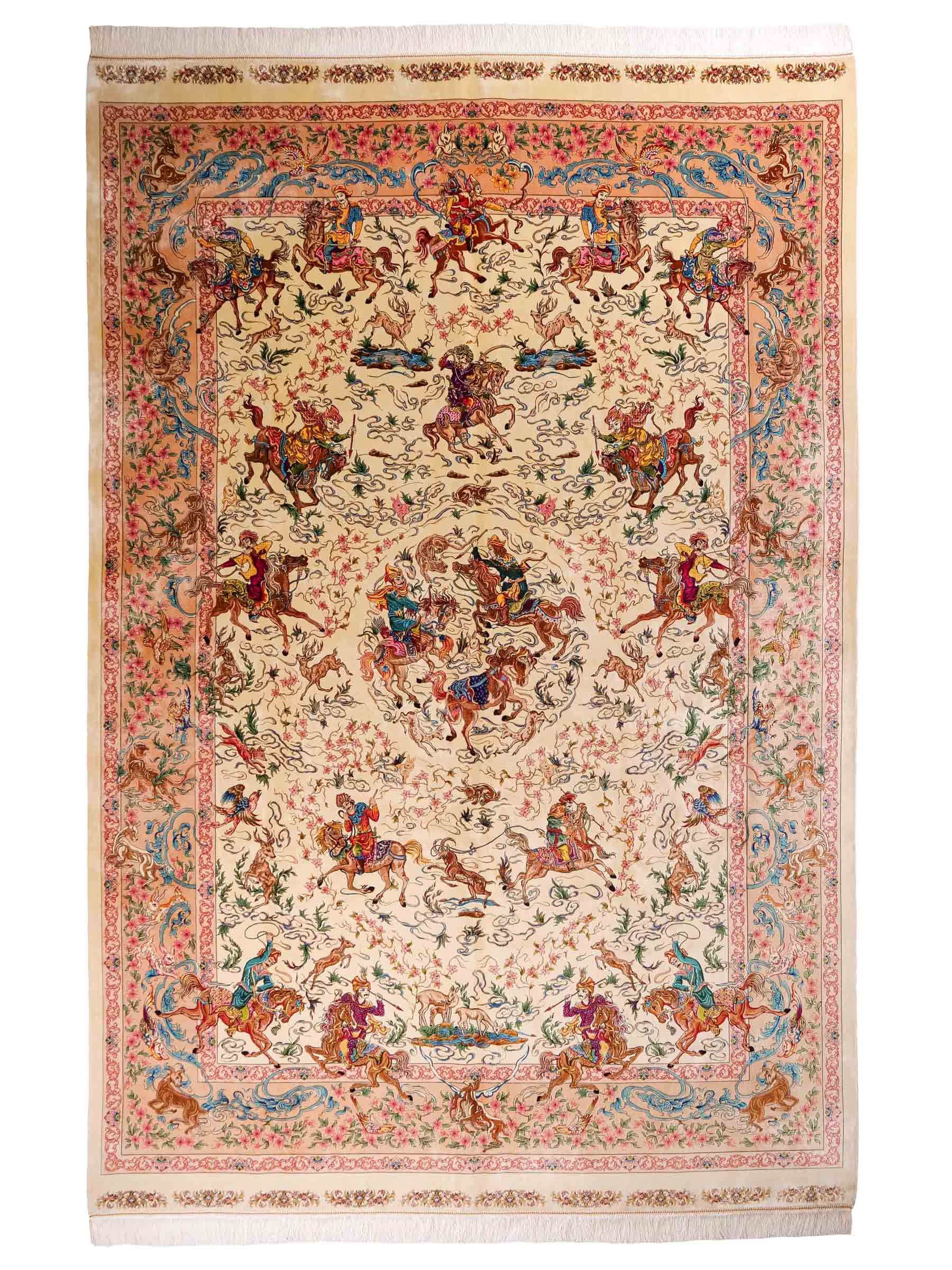 Ghom Maschinenteppich "Mahan" 300 x 200 cm aus pflanzlicher Seide (Viskose) mit Jagdmotiv-Medaillon, Cremeweiß, Beige. Teppichnummer: V60CR600H. Persian Luxury Collection by Khademi. Made in Iran / Persia – Vertrieb durch JUPITER Intl.