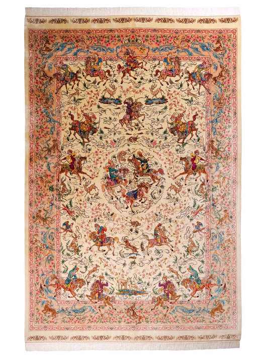 Ghom Maschinenteppich "Mahan" 300 x 200 cm aus pflanzlicher Seide (Viskose) mit Jagdmotiv-Medaillon, Cremeweiß, Beige. Teppichnummer: V60CR600H. Persian Luxury Collection by Khademi. Made in Iran / Persia – Vertrieb durch JUPITER Intl.