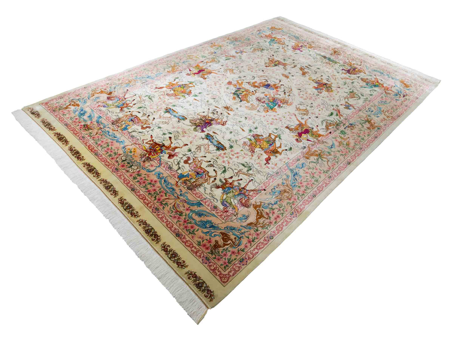 Ghom Maschinenteppich "Mahan" 300 x 200 cm aus pflanzlicher Seide (Viskose) mit Jagdmotiv-Medaillon, Cremeweiß, Beige. Teppichnummer: V60CR600H. Persian Luxury Collection by Khademi. Made in Iran / Persia – Vertrieb durch JUPITER Intl.