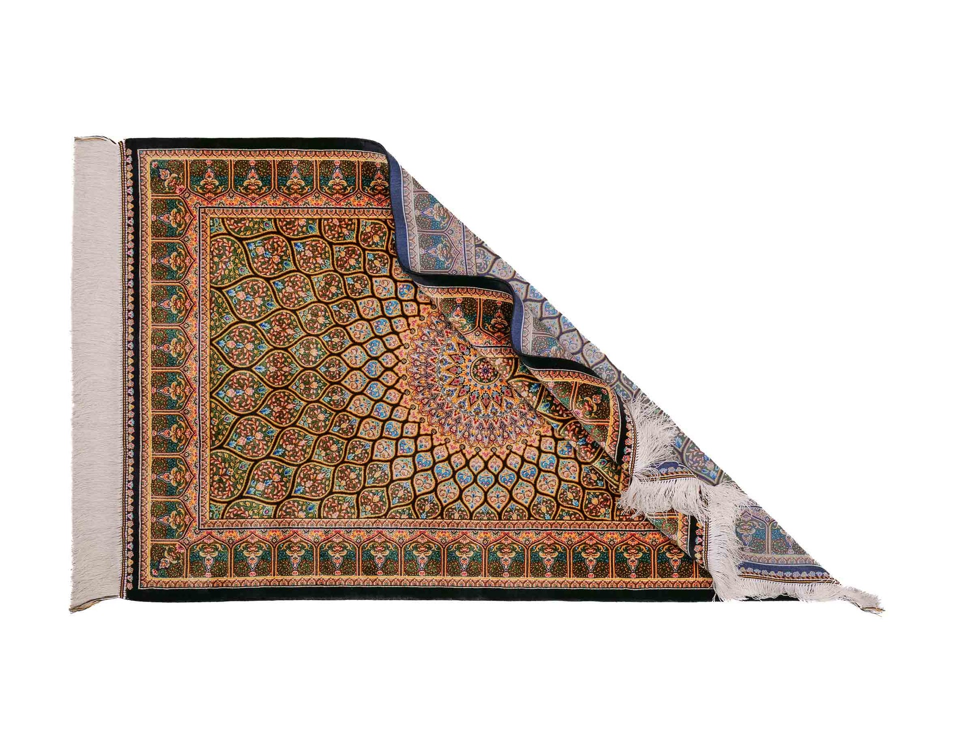 Ghom Maschinenteppich "Manuchehr" 120 x 80 cm aus pflanzlicher Seide (Viskose) mit Gumbad-Medaillon, Schwarz. Teppichnummer: V56BK096H. Persian Luxury Collection by Khademi. Made in Iran / Persia – Vertrieb durch JUPITER Intl.